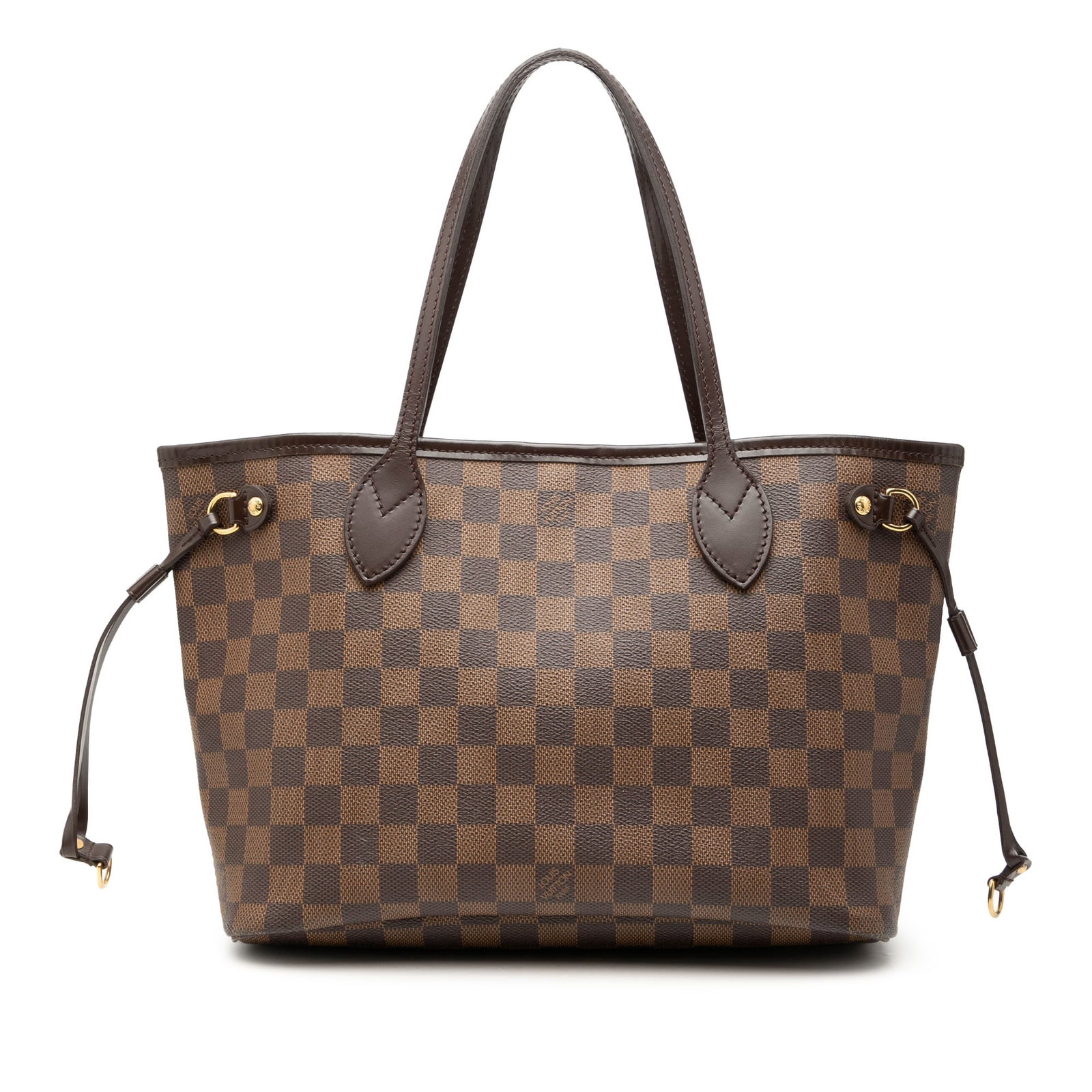 Louis Vuitton Neverfull PM Damier Ebene Tote Bag: Louis Vuitton Neverfull PM Damier Ebene Tote Bag Louis Vuitton Damier Ebene Neverfull PM bag in brown damier canvas with leather trim and flat leather straps. It features a top lobster clasp closure a