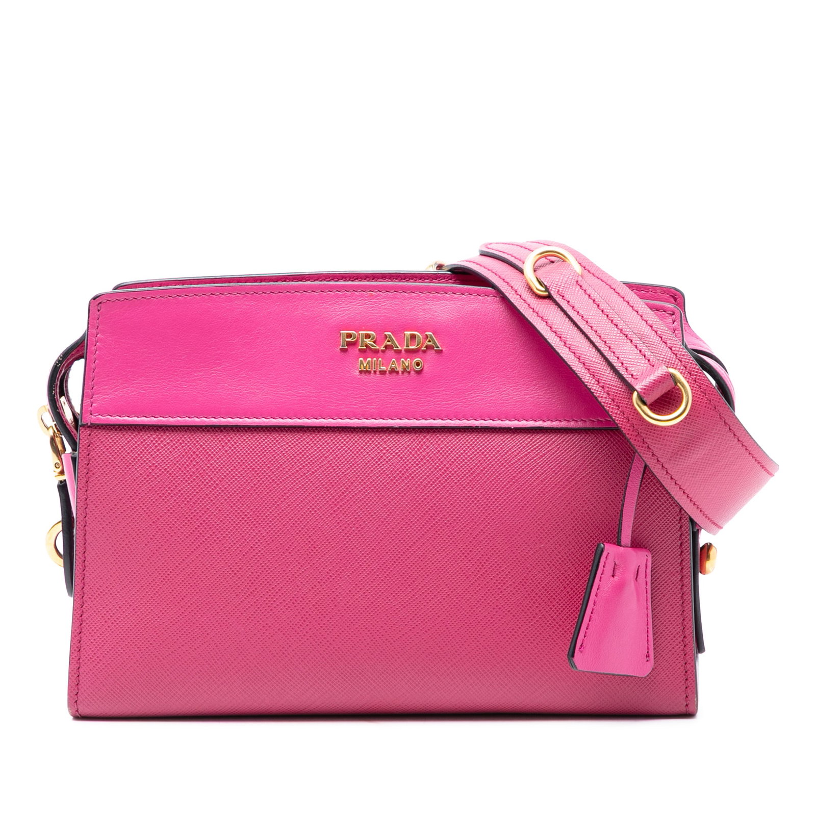Prada Esplanade Saffiano and Calf Leather Pink Crossbody Bag: Prada Esplanade Saffiano and Calf Leather Pink Crossbody Bag This Prada Saffiano and City Calf Esplanade Crossbody features a pink leather body crafted from saffiano and calf leather. It is designed w