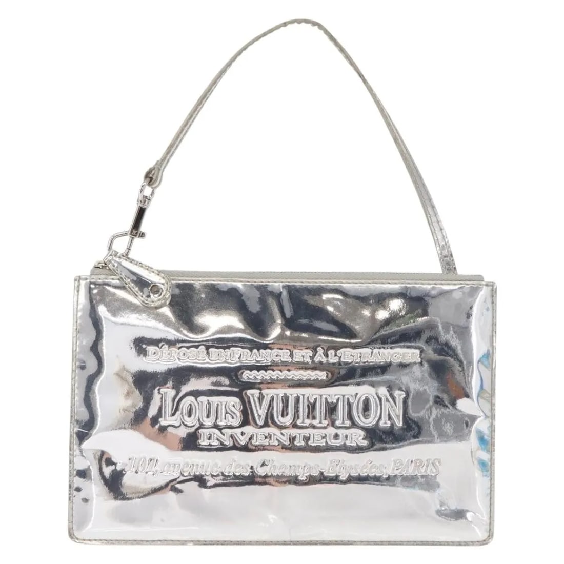 Silver PVC Louis Vuitton Monogram Miroir Pochette Clutch: Silver PVC Louis Vuitton Monogram Miroir Pochette Clutch This Louis Vuitton Pochette clutch is crafted from silver PVC material featuring the iconic Monogram Miroir design. It is designed for women an
