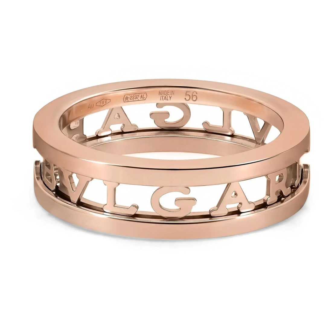 Bvlgari B.Zero1 18K Rose Gold Openwork Spiral Band Ring SZ 56 US 7.5: Bvlgari B.Zero1 18K Rose Gold Openwork Spiral Band Ring SZ 56 US 7.5 Make a bold statement with the Bvlgari B.Zero1 Openwork Logo Spiral Ring, expertly crafted from luxurious 18K rose gold. This band 
