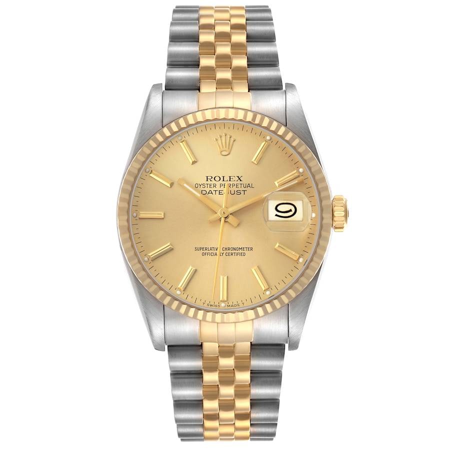 Rolex Datejust 16233 Champagne Stick Dial D-Link Jubilee Watch: Rolex Datejust 16233 Champagne Stick Dial D-Link Jubilee Watch This Rolex Datejust features a champagne stick dial, a fluted bezel, and is fitted with a D-Link Jubilee bracelet. The watch is identifie