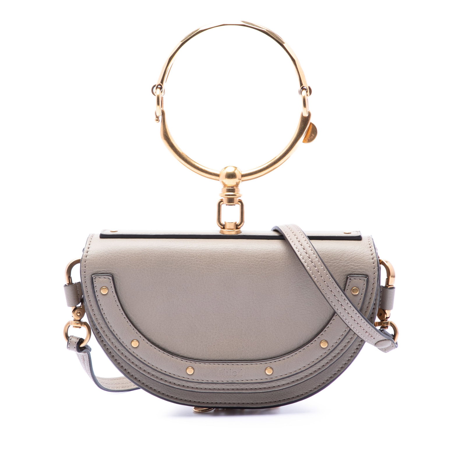 Chloe Nile leather satchel with gold-tone ring handle: Chloe Nile leather satchel with gold-tone ring handle This Chloe Mini Calfskin Nile Bracelet Satchel showcases a sophisticated design with a leather body and a distinctive gold-tone ring handle. It fe