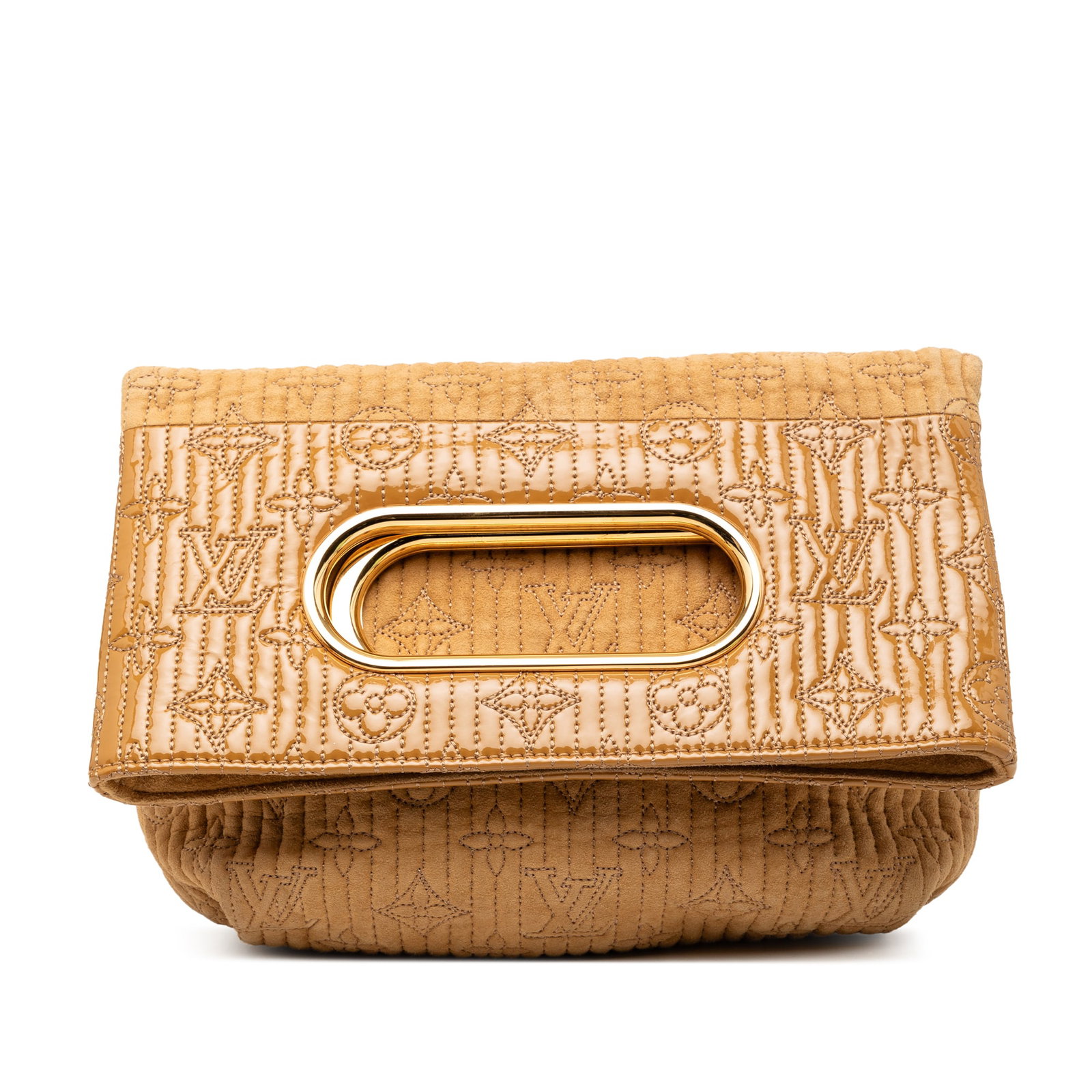 Louis Vuitton Motard After Dark Brown Leather Suede Handbag: Louis Vuitton Motard After Dark Brown Leather Suede Handbag The Louis Vuitton Monogram Motard After Dark bag features a brown suede body with cut-out patent lambskin handles, an open top, and an inter