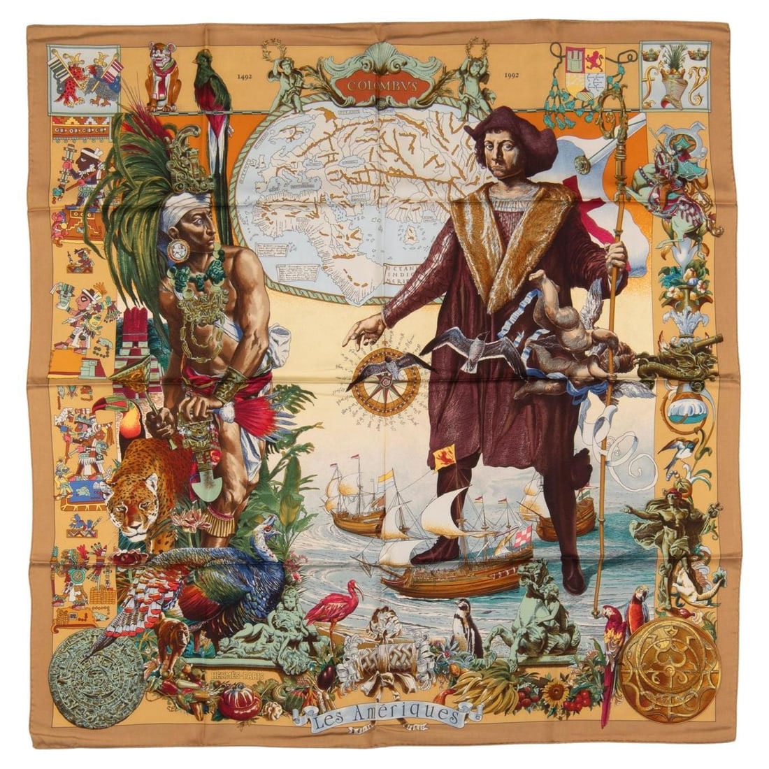 Hermes Silk Columbus Motif Scarf by Kermit Oliver: Hermes Silk Columbus Motif Scarf by Kermit Oliver This Hermes silk scarf features a Christopher Columbus motif in brown, designed by Kermit Oliver. It is crafted in France and finished with hand-rolle