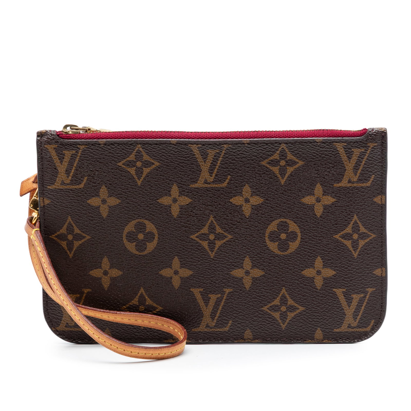 Louis Vuitton Neverfull PM Monogram Canvas Wristlet Pouch: Louis Vuitton Neverfull PM Monogram Canvas Wristlet Pouch Louis Vuitton Monogram Neverfull PM Pouch in brown monogram canvas with a flat vachetta leather wrist strap and top zip closure. The interior 