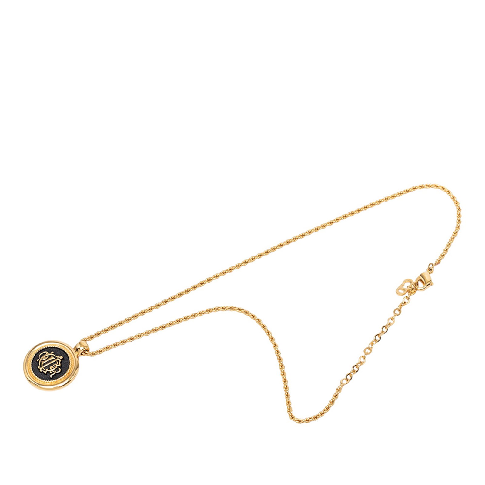 Dior round logo pendant necklace gold plated enamel: Dior round logo pendant necklace gold plated enamel Gold-plated Dior costume necklace featuring an enamel body and a round logo pendant. It has a lobster clasp closure and is made in France. The piece