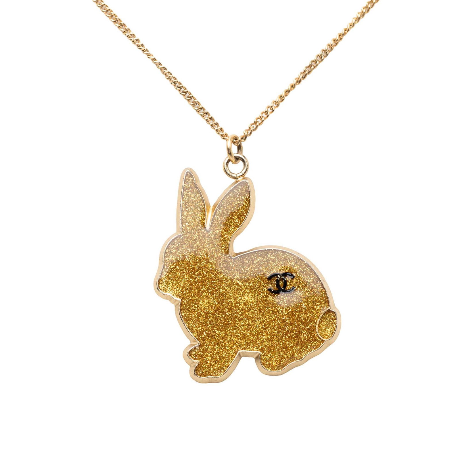 Chanel Rabbit Pendant Necklace CC Gold Plated Resin: Chanel Rabbit Pendant Necklace CC Gold Plated Resin Chanel CC rabbit pendant necklace in gold plated metal with a resin pendant and spring ring closure. This costume jewelry piece is made in France an