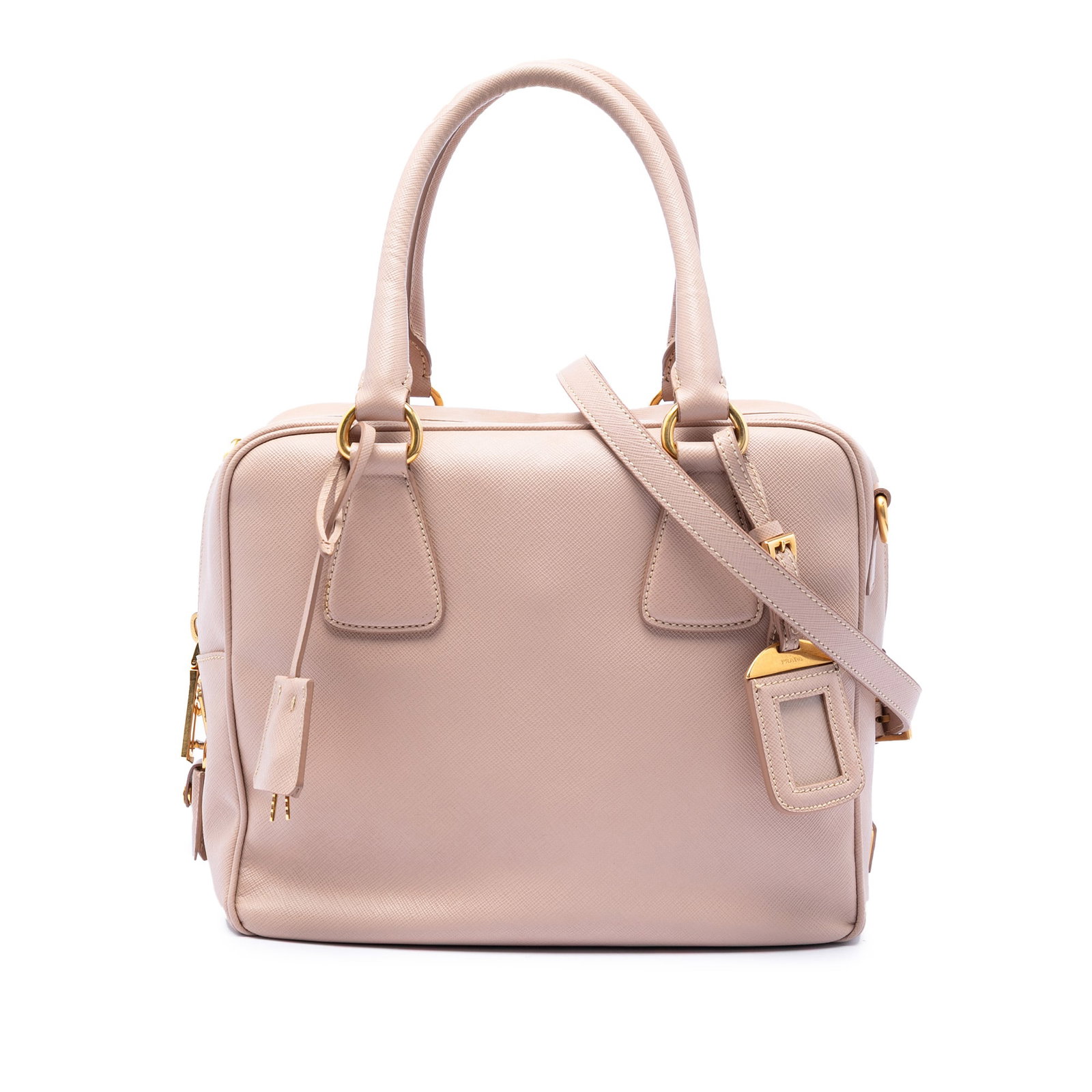 Prada pink saffiano leather bauletto satchel with detachable strap: Prada pink saffiano leather bauletto satchel with detachable strap This Prada Small Saffiano Square Bauletto Satchel is crafted from saffiano leather in a pink hue and features rolled leather handles,