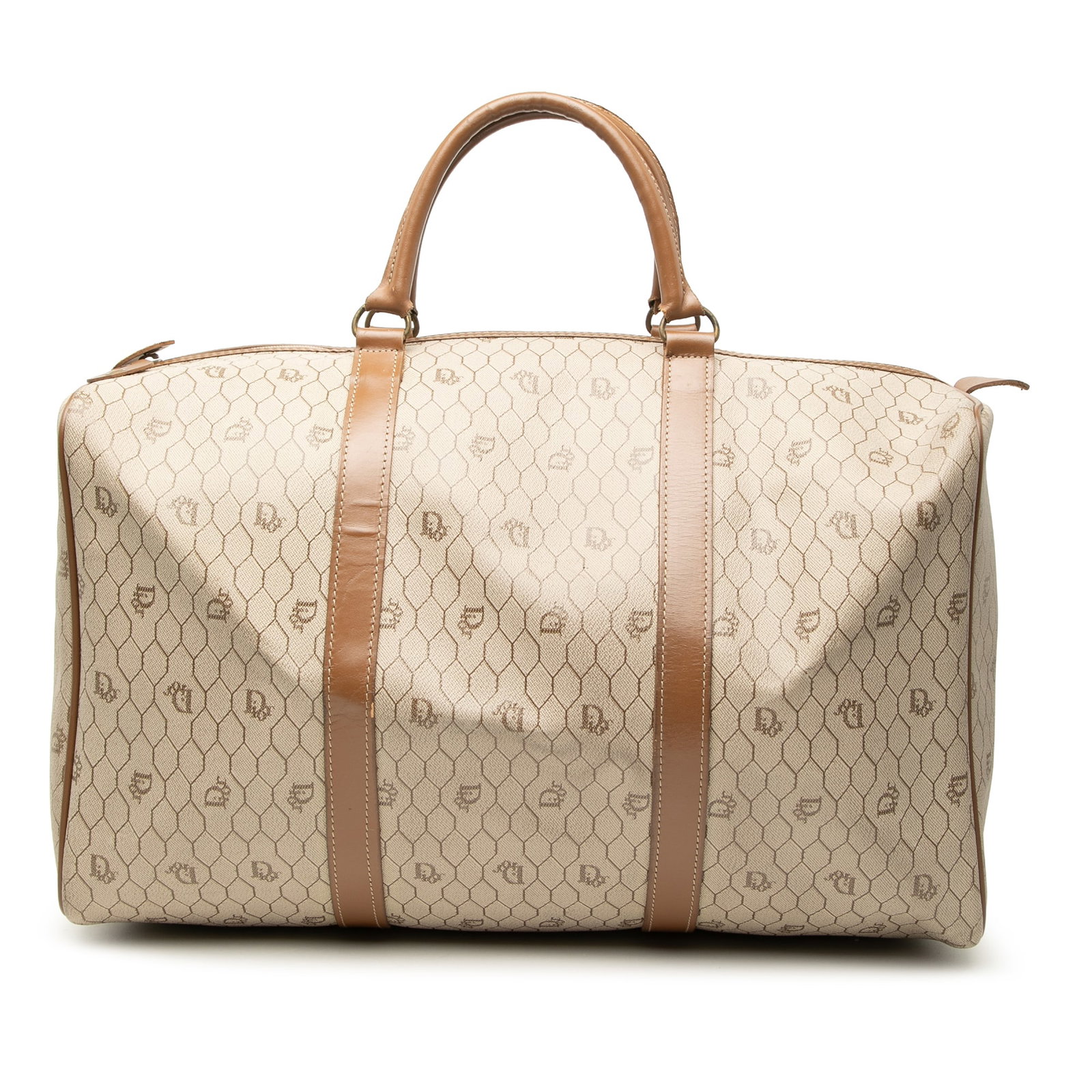 Dior Honeycomb Beige Coated Canvas Travel Bag with Leather Trim: Dior Honeycomb Beige Coated Canvas Travel Bag with Leather Trim Dior Honeycomb travel bag in beige coated canvas with leather trim, rolled leather handles, and a top zip closure. Made in Italy. Condit