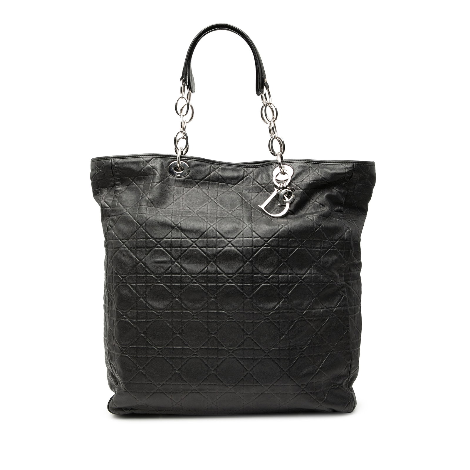 Dior Lady Dior Cannage Large Black Lambskin Quilted Soft Tote Bag: Dior Lady Dior Cannage Large Black Lambskin Quilted Soft Tote Bag This Dior Large Lambskin Cannage Lady Dior Soft Shopping Tote features a quilted lambskin leather body in black, complemented by chain
