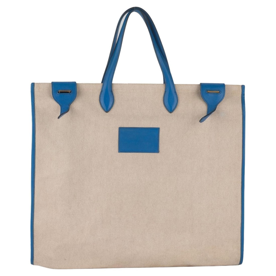 Hermes Kaba Shopping Tote Beige Canvas Blue Leather: Hermes Kaba Shopping Tote Beige Canvas Blue Leather Hermes Kaba tote bag crafted in beige clay canvas with blue leather trim and gilt metal hardware. It features tonal stitching and double leather han