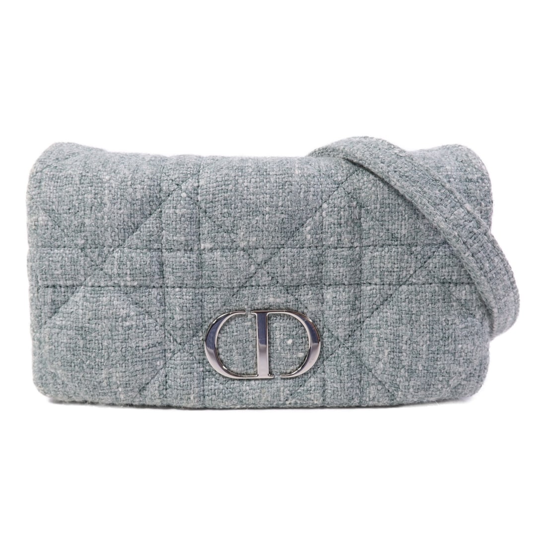 Dior Caro Small Tweed Chain Shoulder Bag Green CD SHW: Dior Caro Small Tweed Chain Shoulder Bag Green CD SHW A Christian Dior Caro small chain shoulder bag in green tweed, designed for women. It features a shoulder strap, hook button closure, and an inter