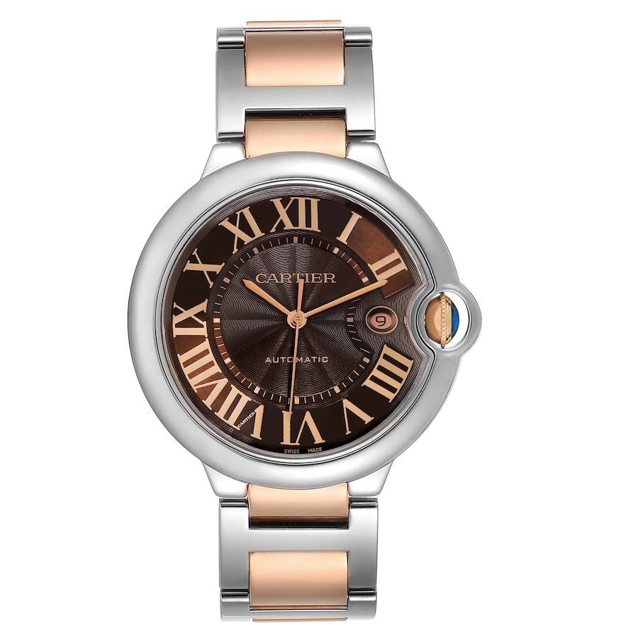 Cartier Ballon Bleu 42mm 18k Rose Gold Watch with Brown Guilloche Dial Ref 3001: Cartier Ballon Bleu 42mm 18k Rose Gold Watch with Brown Guilloche Dial Ref 3001 This is a Cartier Ballon Bleu watch featuring a chocolate brown guilloche dial. The watch is crafted from 18k rose gold 