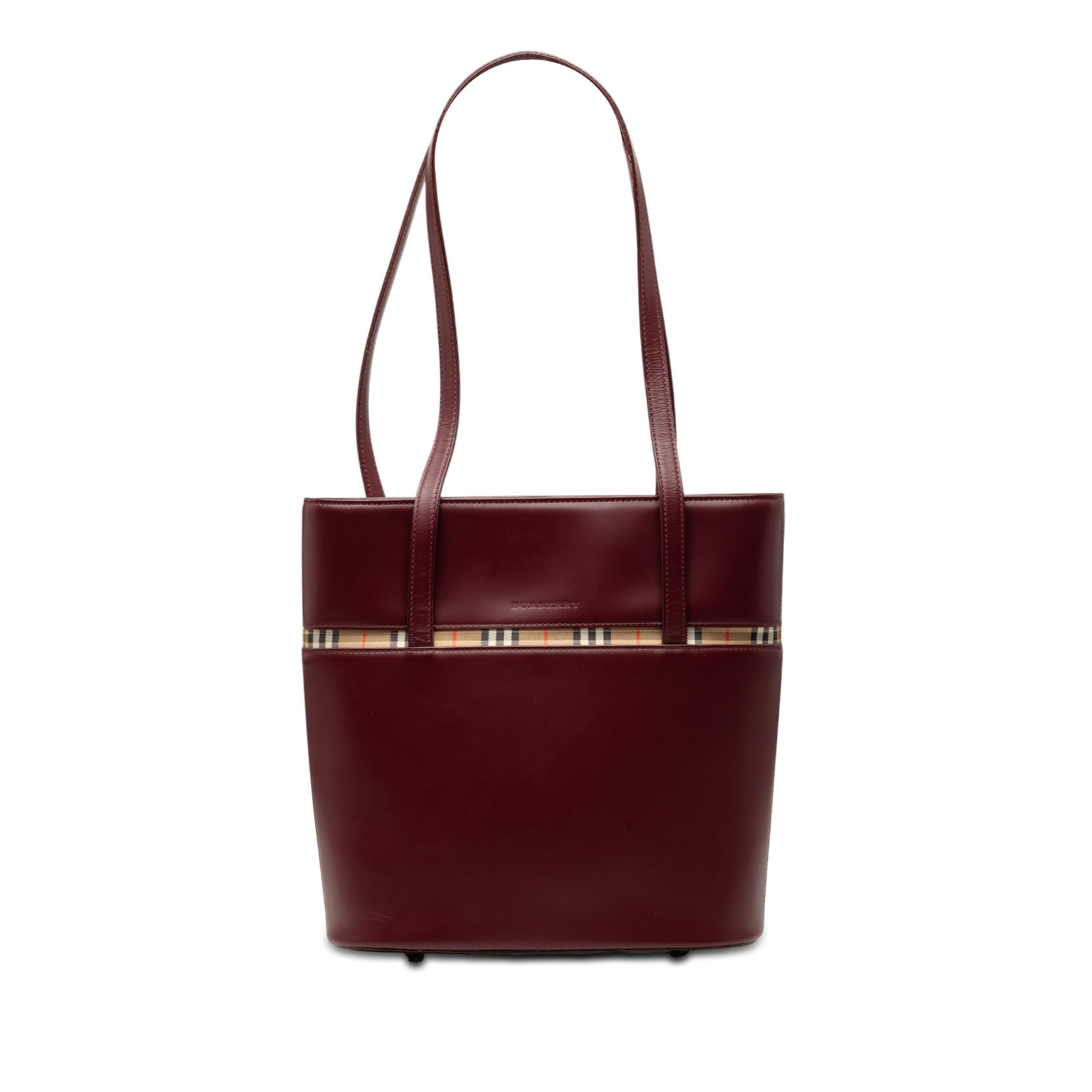 Burberry House Check Leather Shoulder Bag with Plaid Trim: Burberry House Check Leather Shoulder Bag with Plaid Trim Burberry House Check Trimmed Leather Shoulder Bag in red leather with plaid canvas trim. It features flat leather straps, a top zip closure, a