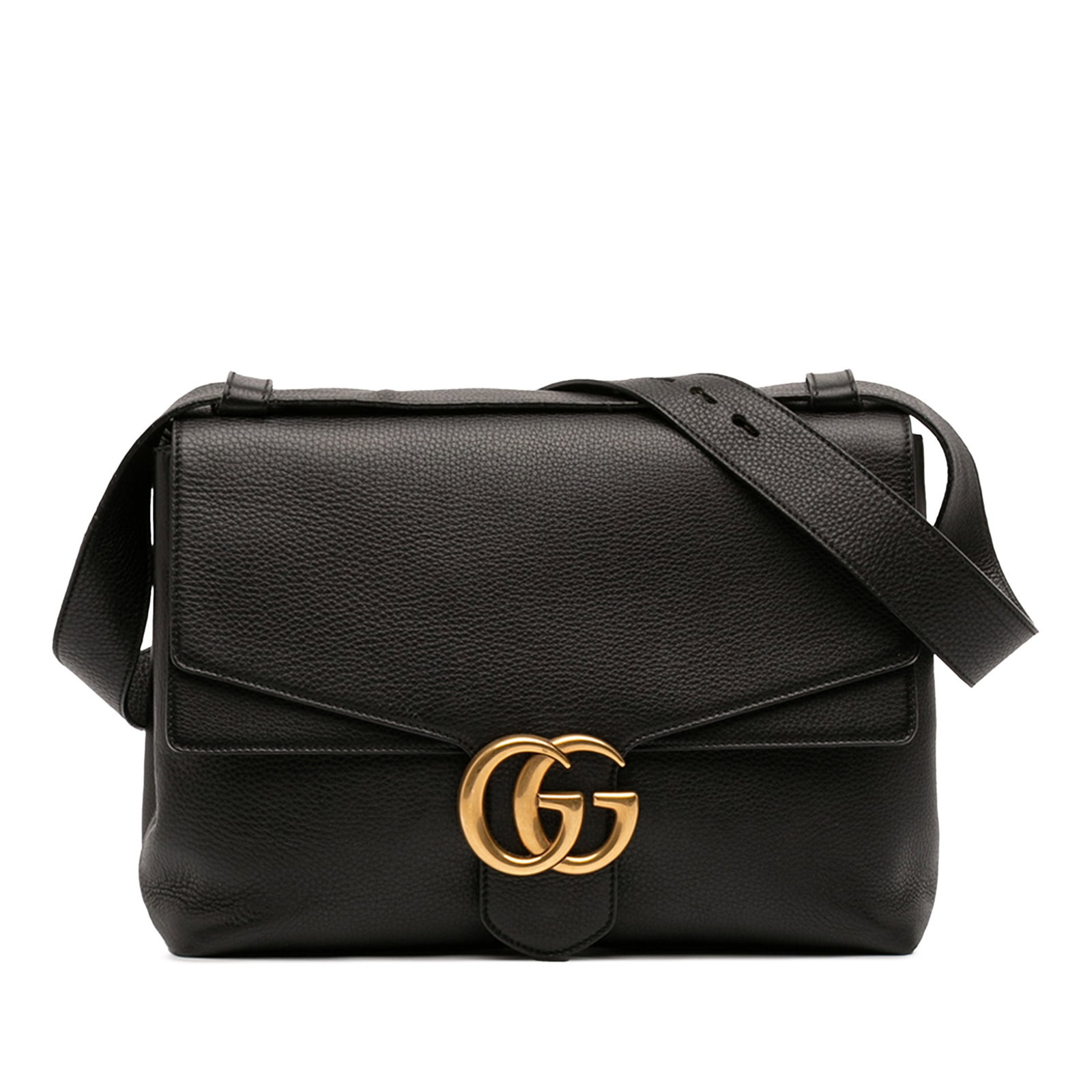 Gucci GG Marmont black leather flap shoulder bag: Gucci GG Marmont black leather flap shoulder bag This Gucci Large GG Marmont shoulder bag is crafted from black pebbled calfskin leather and features an adjustable flat leather strap. The design inclu