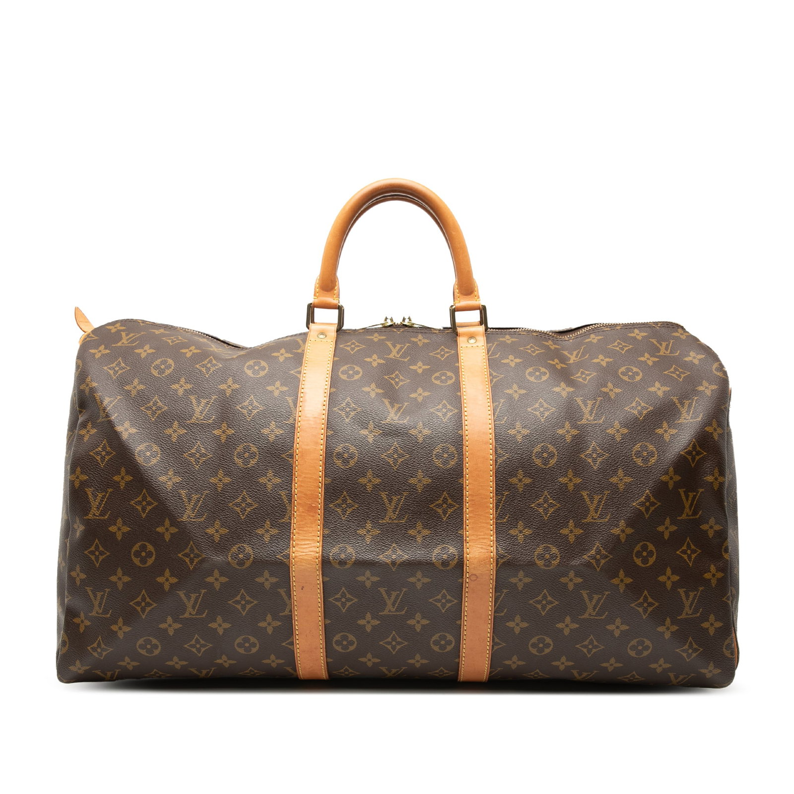 Louis Vuitton Monogram Keepall 55 Travel Bag: Louis Vuitton Monogram Keepall 55 Travel Bag The Louis Vuitton Monogram Keepall 55 is a travel bag featuring the iconic monogram canvas body, rolled leather handles, and a top zip closure. This bag is