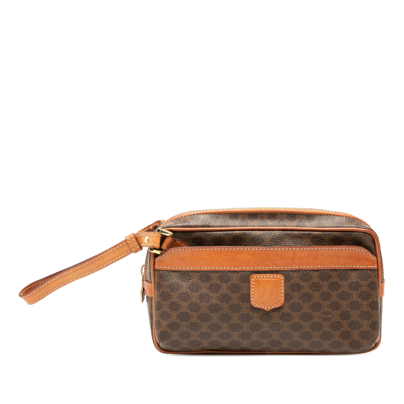 Celine Macadam coated canvas wristlet clutch bag: Celine Macadam coated canvas wristlet clutch bag This Celine Macadam clutch features a coated canvas body with leather trim, a flat leather wrist strap, a top zip closure, an exterior front pocket, an