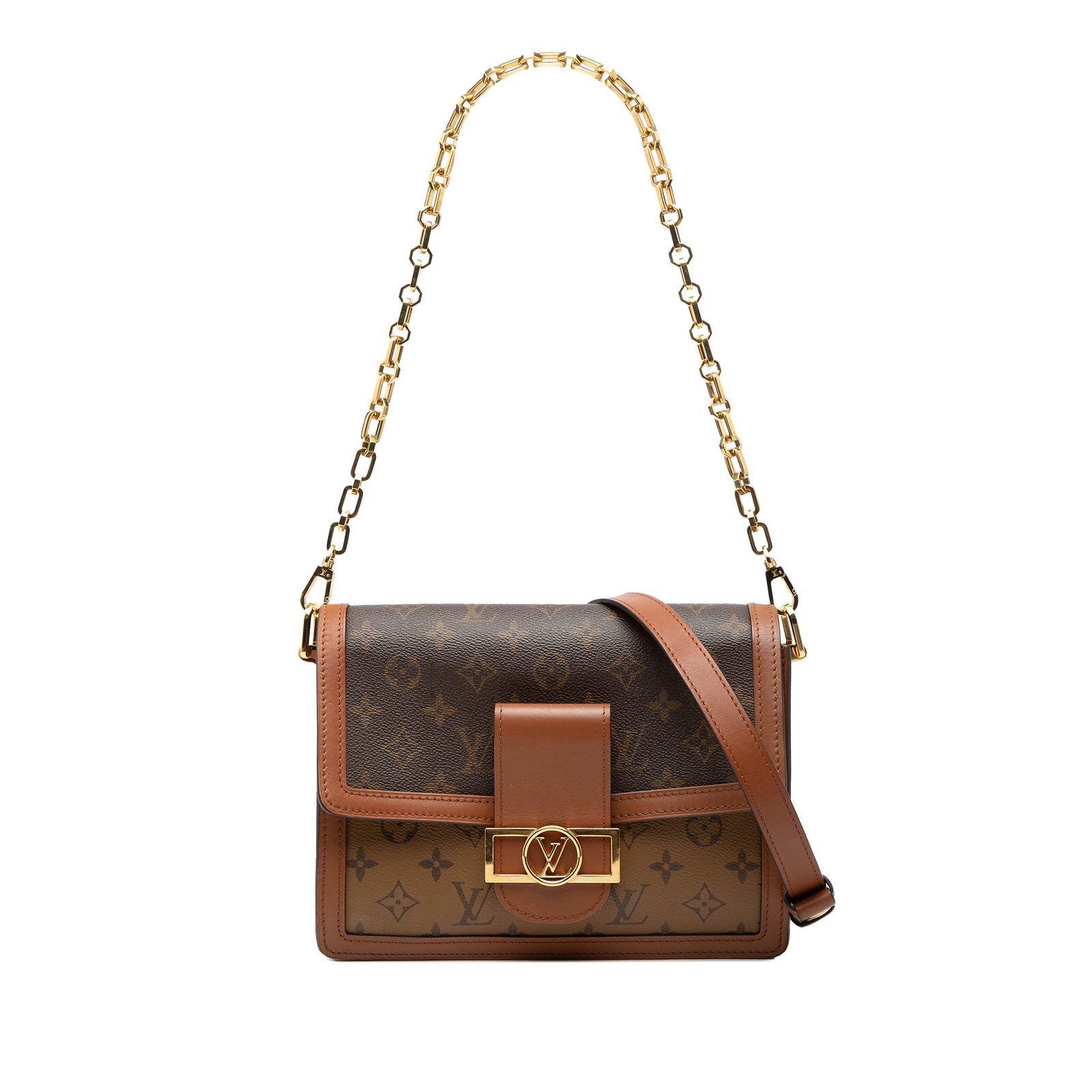 Louis Vuitton Dauphine MM Monogram Reverse Canvas Shoulder Bag: Louis Vuitton Dauphine MM Monogram Reverse Canvas Shoulder Bag The Louis Vuitton Monogram Reverse Dauphine MM features a monogram reverse canvas body with a gold tone chain and flat leather strap. The