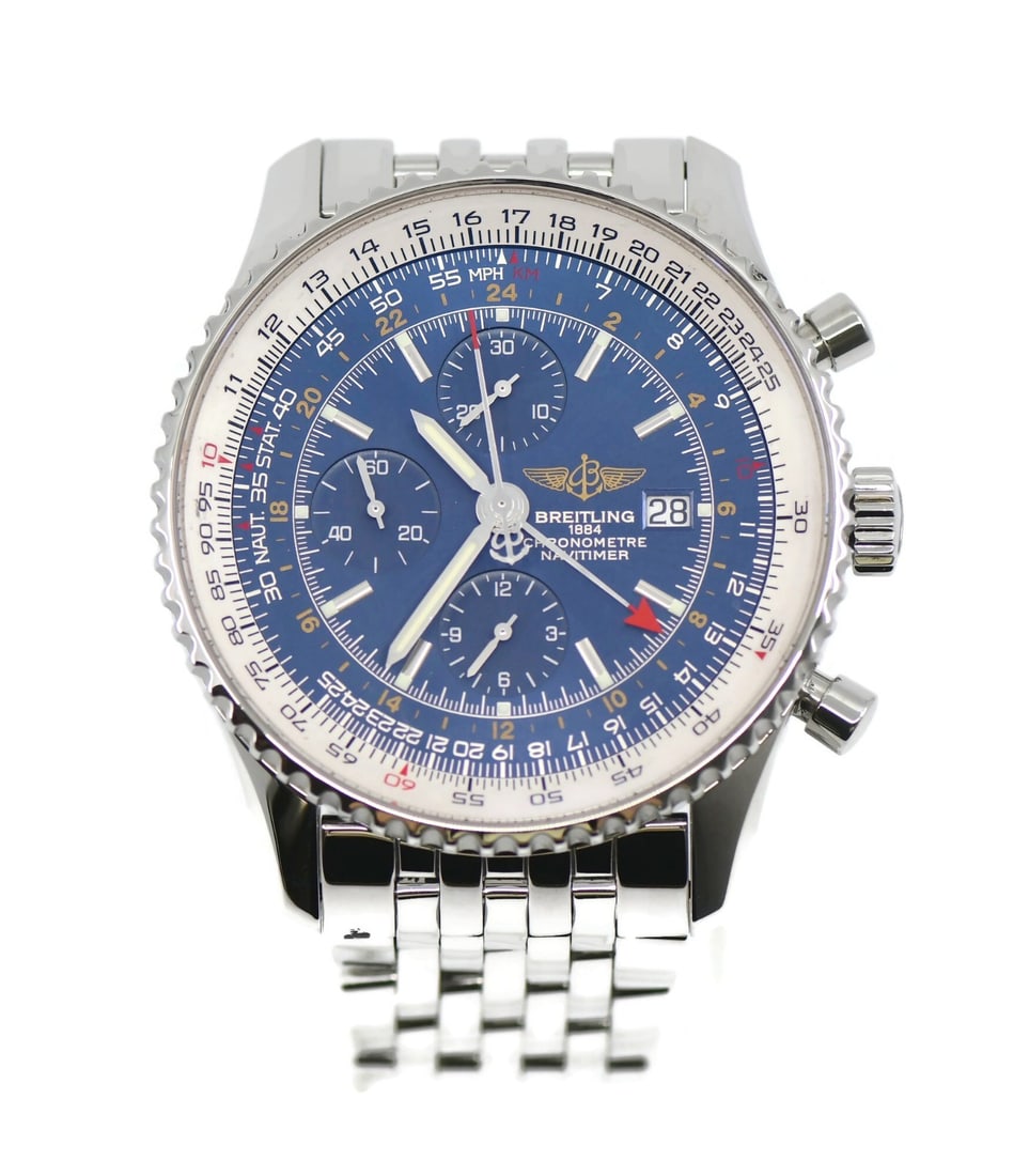 Breitling Navitimer A24322 GMT Chronograph 46mm Blue Dial Watch: Breitling Navitimer A24322 GMT Chronograph 46mm Blue Dial Watch Pre-owned Breitling Navitimer GMT chronograph wristwatch with a blue analog dial and stainless steel case and band. This men's watch is 