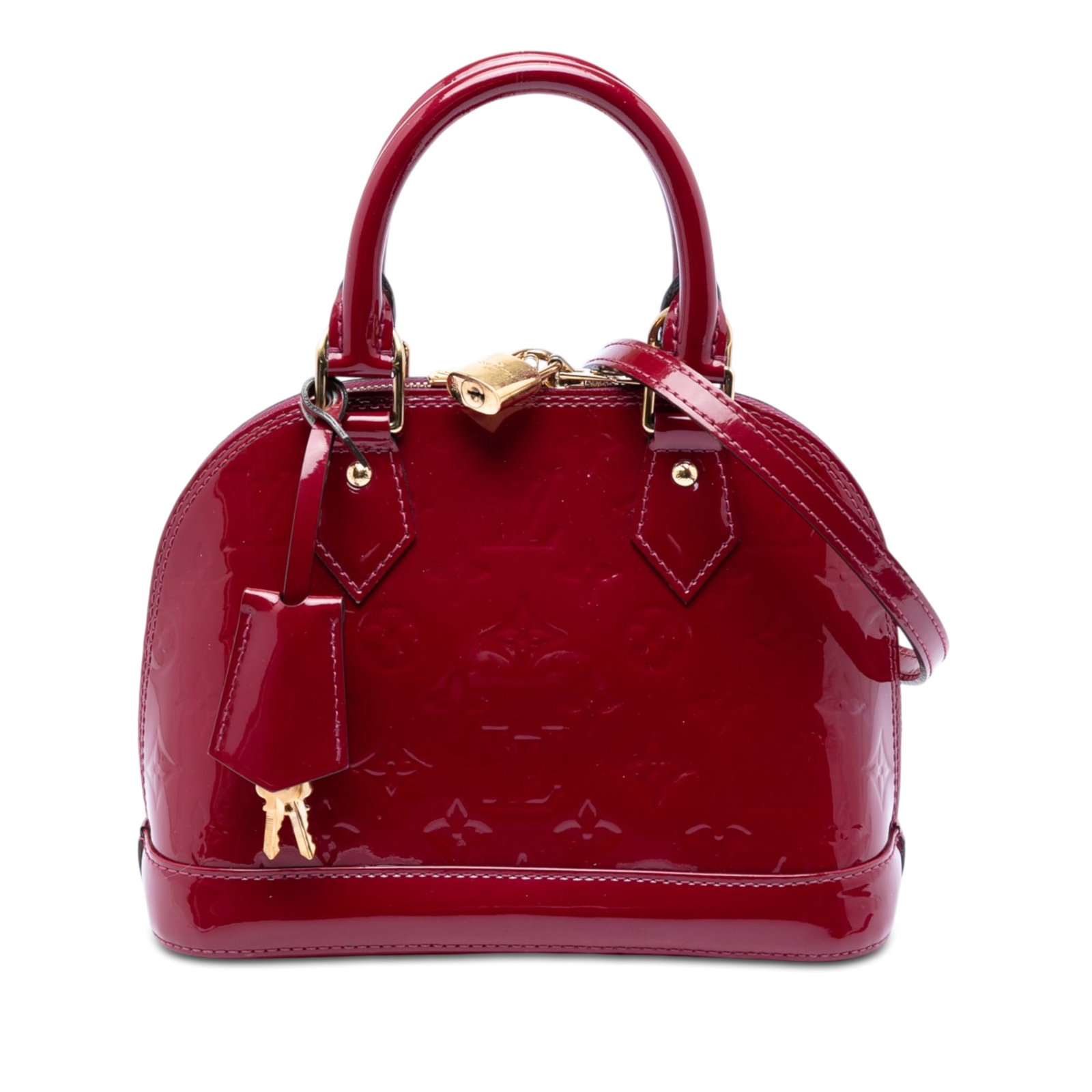 Louis Vuitton Alma BB Monogram Vernis Leather Handbag Purple: Louis Vuitton Alma BB Monogram Vernis Leather Handbag Purple Louis Vuitton Monogram Vernis Alma BB bag in purple, made with a monogram vernis leather body. It features rolled top handles, a detachable