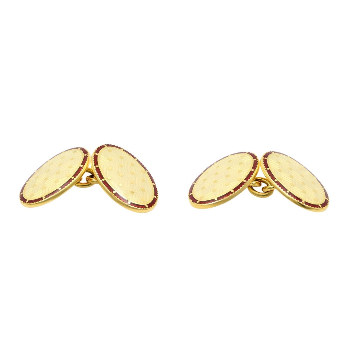 Men's Cufflinks in 18K Yellow Gold Beige Basket Cream Enamel by Longmire: Men's Cufflinks in 18K Yellow Gold Beige Basket Cream Enamel by Longmire These Longmire men's cufflinks feature a beige basket cream enamel design crafted in 18k yellow gold. The set includes four but