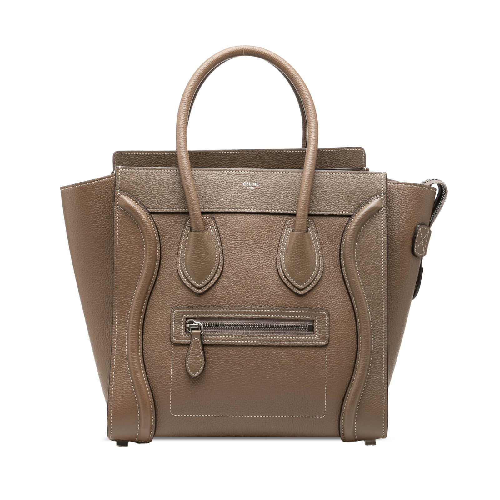 Celine Micro Luggage Tote Brown Leather Handbag: Celine Micro Luggage Tote Brown Leather Handbag Celine Micro Leather Luggage Tote in brown leather, made in Italy. This bag features rolled leather handles, a top zip closure, an exterior front zip po