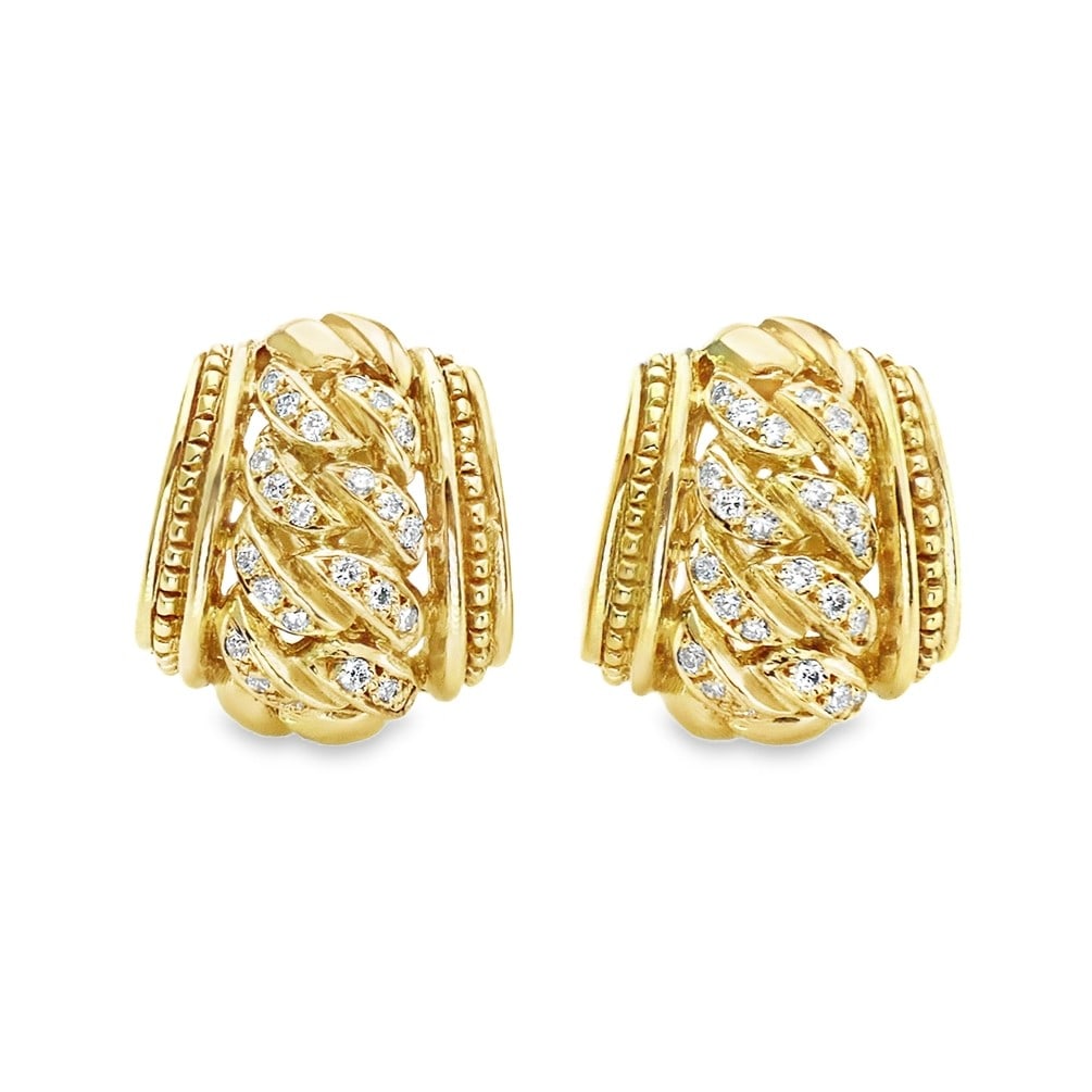 Judith Ripka 18k Yellow Gold Diamond Curb Link Huggie Earrings: Judith Ripka 18k Yellow Gold Diamond Curb Link Huggie Earrings A Judith Ripka huggie earring pair crafted in 18k yellow gold with a curb link motif accented by diamonds totaling approximately 0.50ct. 