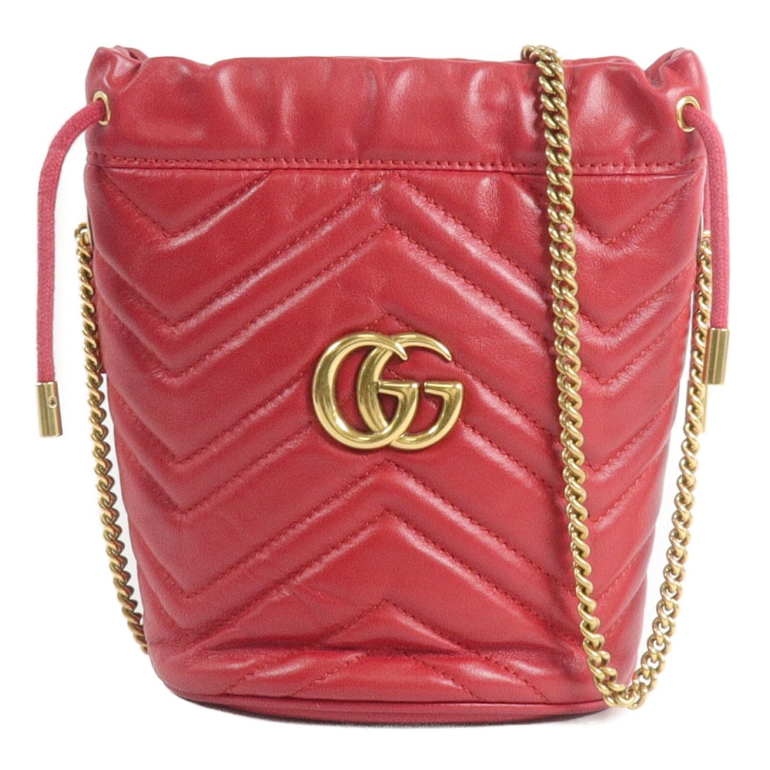 Gucci 575163 GG Marmont mini bucket bag red calfskin: Gucci 575163 GG Marmont mini bucket bag red calfskin A Gucci GG Marmont Mini Bucket Shoulder Bag, model 575163, crafted in red calfskin (cowhide). This mini bucket shoulder bag features a shoulder str