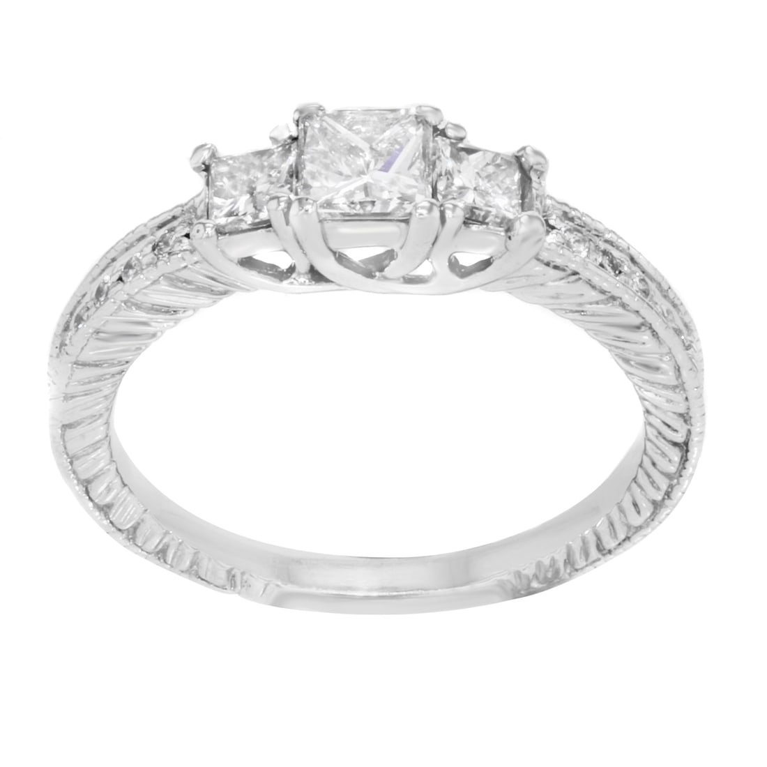 Rachel Koen 14K White Gold Three-Stone Diamond Ring 1.00Ctw Size 7: Rachel Koen 14K White Gold Three-Stone Diamond Ring 1.00Ctw Size 7 This exquisite Rachel Koen ladies ring features a stunning three-stone design, elegantly crafted in 14K white gold. The ring showcase