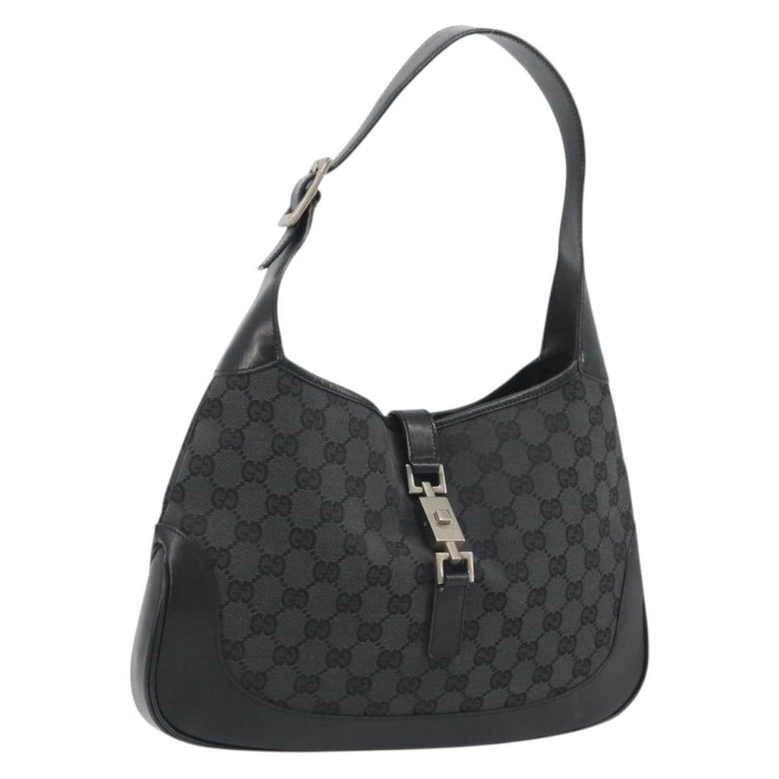 Gucci Jackie Black GG Canvas Handbag with Dust Bag 001 3306: Gucci Jackie Black GG Canvas Handbag with Dust Bag 001 3306 A Gucci handbag in black and silver GG canvas, made in Italy. It features a hand bag style with a 20 cm handle drop and comes with a dust ba