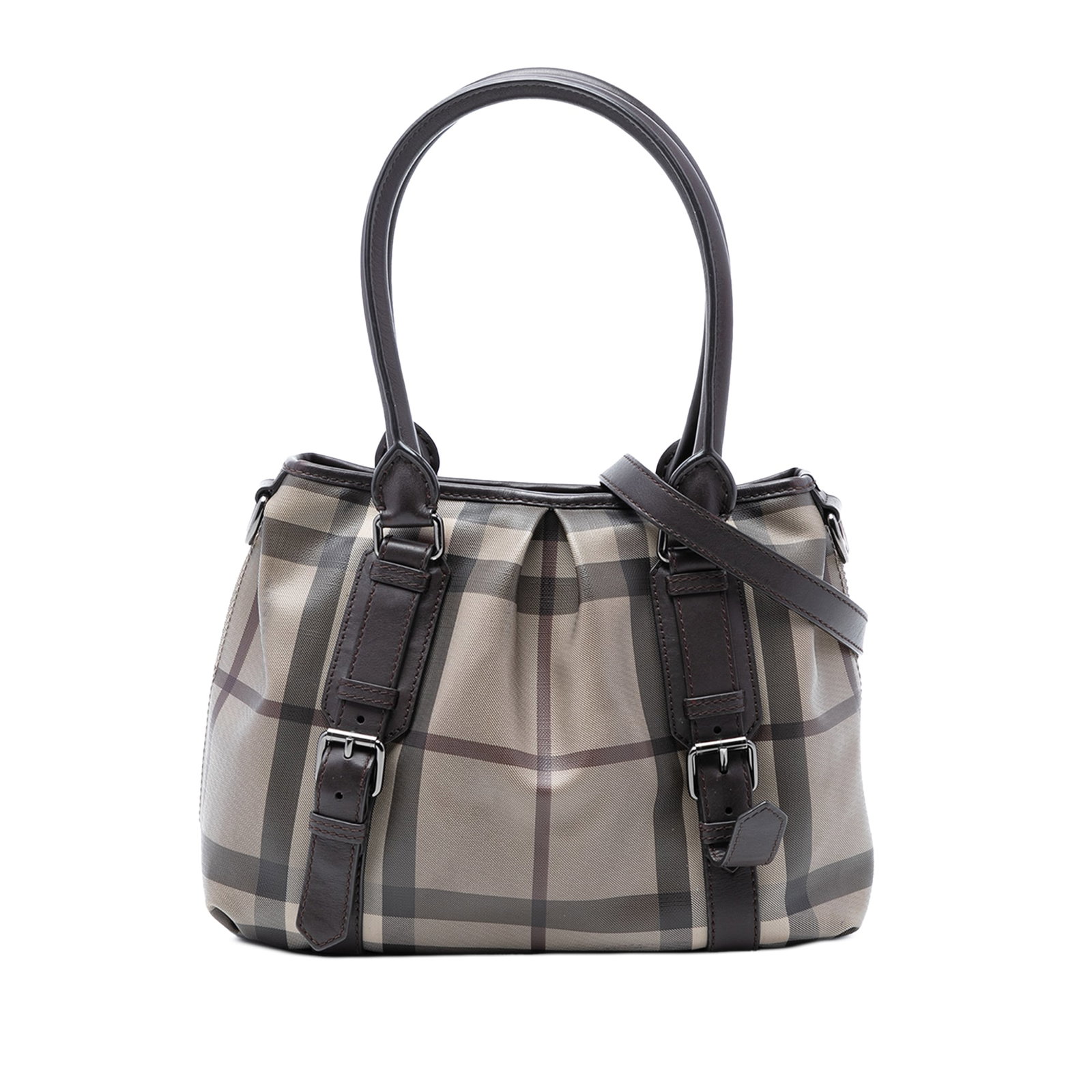 Burberry Northfield Small Plaid Canvas Satchel with Leather Trim: Burberry Northfield Small Plaid Canvas Satchel with Leather Trim This Burberry Northfield satchel features the signature plaid coated canvas body with leather trim and buckle details. It is designed w