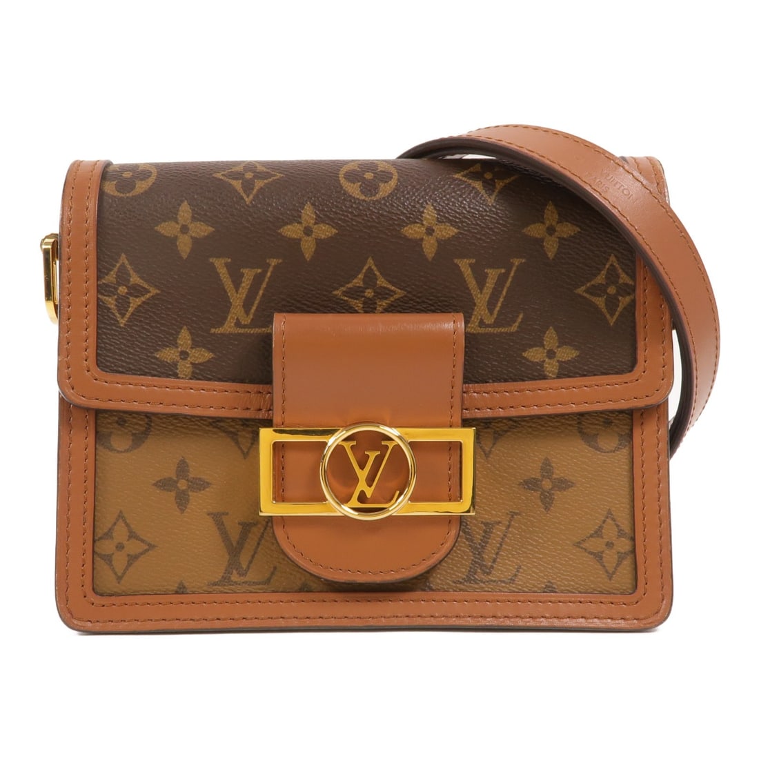 Louis Vuitton Mini Dauphine M45959 Monogram Reverse Brown Shoulder Bag: Louis Vuitton Mini Dauphine M45959 Monogram Reverse Brown Shoulder Bag This Louis Vuitton Mini Dauphine shoulder bag is presented in brown Monogram Reverse and PVC coated canvas. It features a magneti