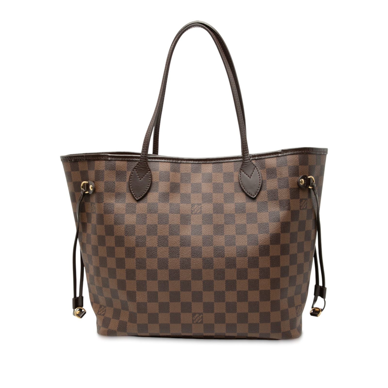 Louis Vuitton Brown Neverfull MM Tote in Damier Ebene Canvas with Leather Trim: Louis Vuitton Brown Neverfull MM Tote in Damier Ebene Canvas with Leather Trim This Louis Vuitton Damier Ebene Neverfull MM features a brown Damier Ebene canvas body with leather trim and flat leather