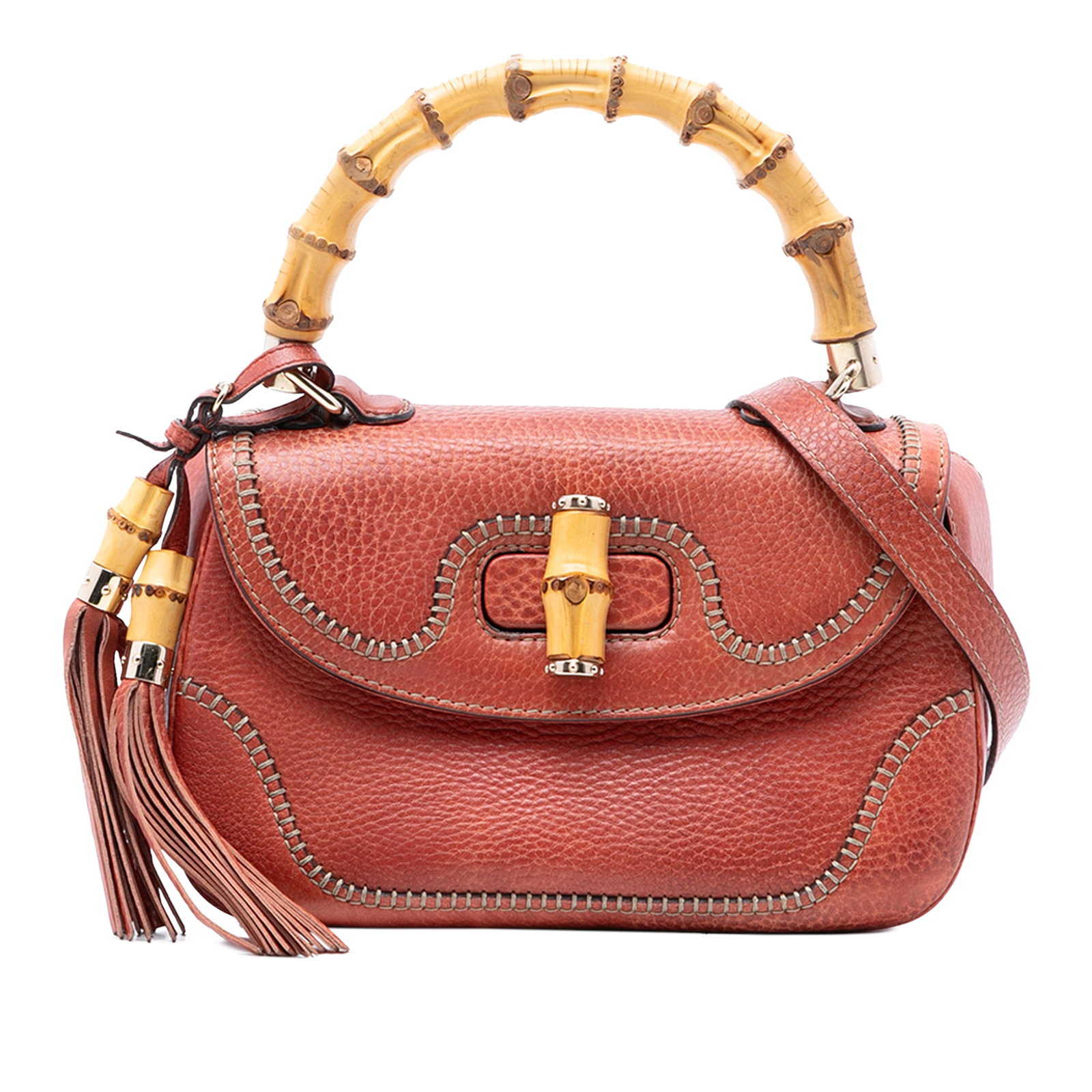 Gucci New Bamboo Medium Red Leather Satchel with Bamboo Handle: Gucci New Bamboo Medium Red Leather Satchel with Bamboo Handle This Gucci Medium Leather New Bamboo Satchel features a red leather body and a distinctive bamboo top handle. It is designed with a detac