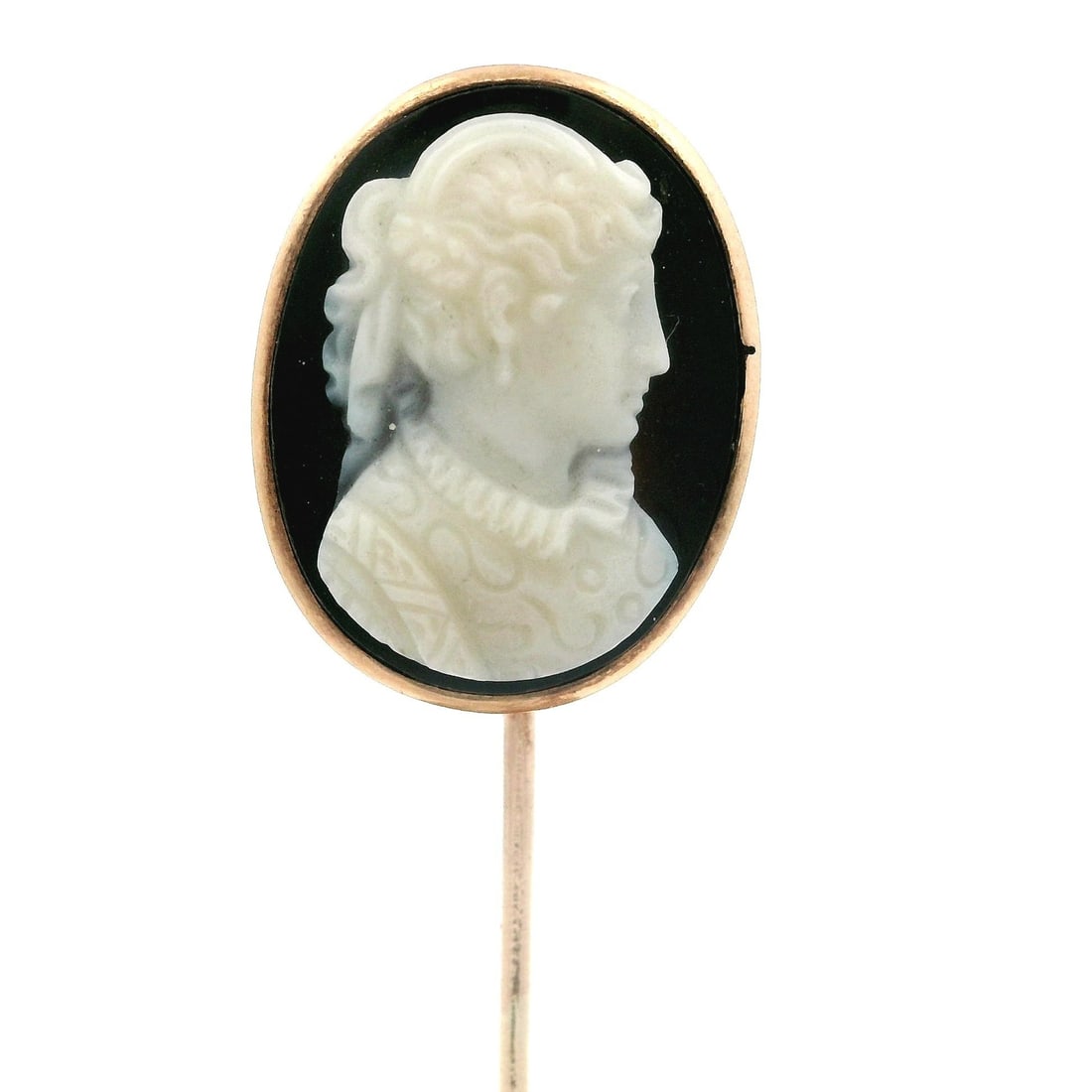 Antique Victorian 14k Gold Cameo Agate Lady Stick Pin: Antique Victorian 14k Gold Cameo Agate Lady Stick Pin This exquisite Antique Victorian collectible features a stunning 14k gold stick pin with an intricately carved black agate lady cameo. The oval-cu