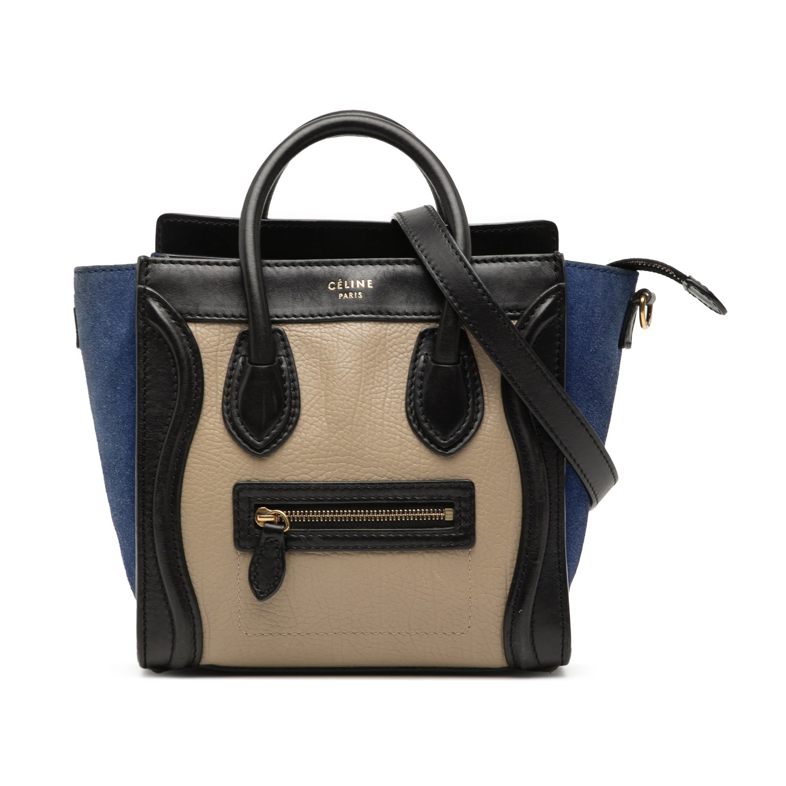 Celine Nano Luggage Tote in Beige Calfskin Suede: Celine Nano Luggage Tote in Beige Calfskin Suede This Celine Nano Tricolor Luggage Tote is crafted from calfskin leather with suede side panels, featuring rolled leather handles, a detachable flat lea