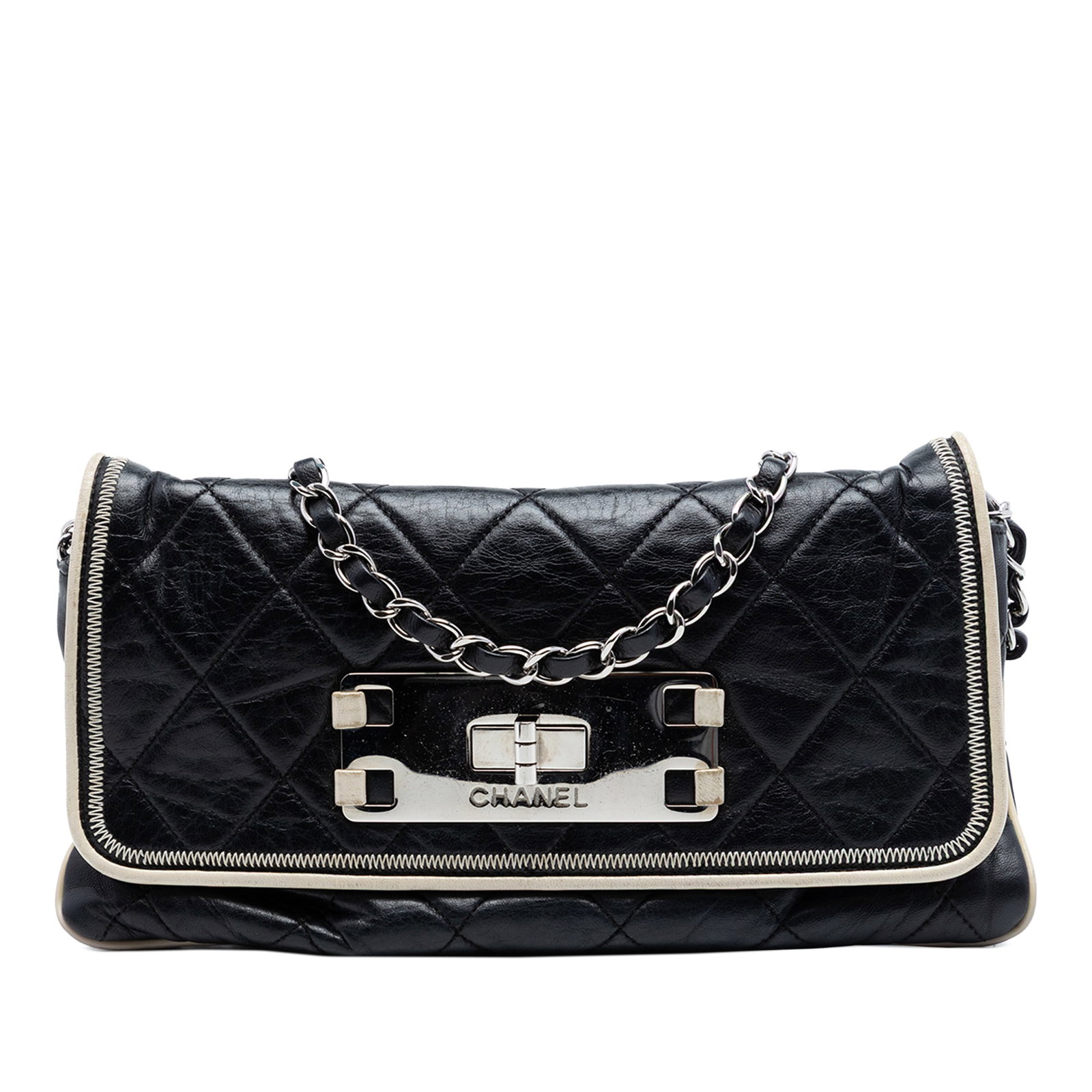 Chanel East West Flap Quilted Lambskin Chain Bag: Chanel East West Flap Quilted Lambskin Chain Bag This Chanel Quilted Lambskin Reissue East West Flap bag features a classic quilted lambskin leather exterior in black, complemented by leather-woven ch