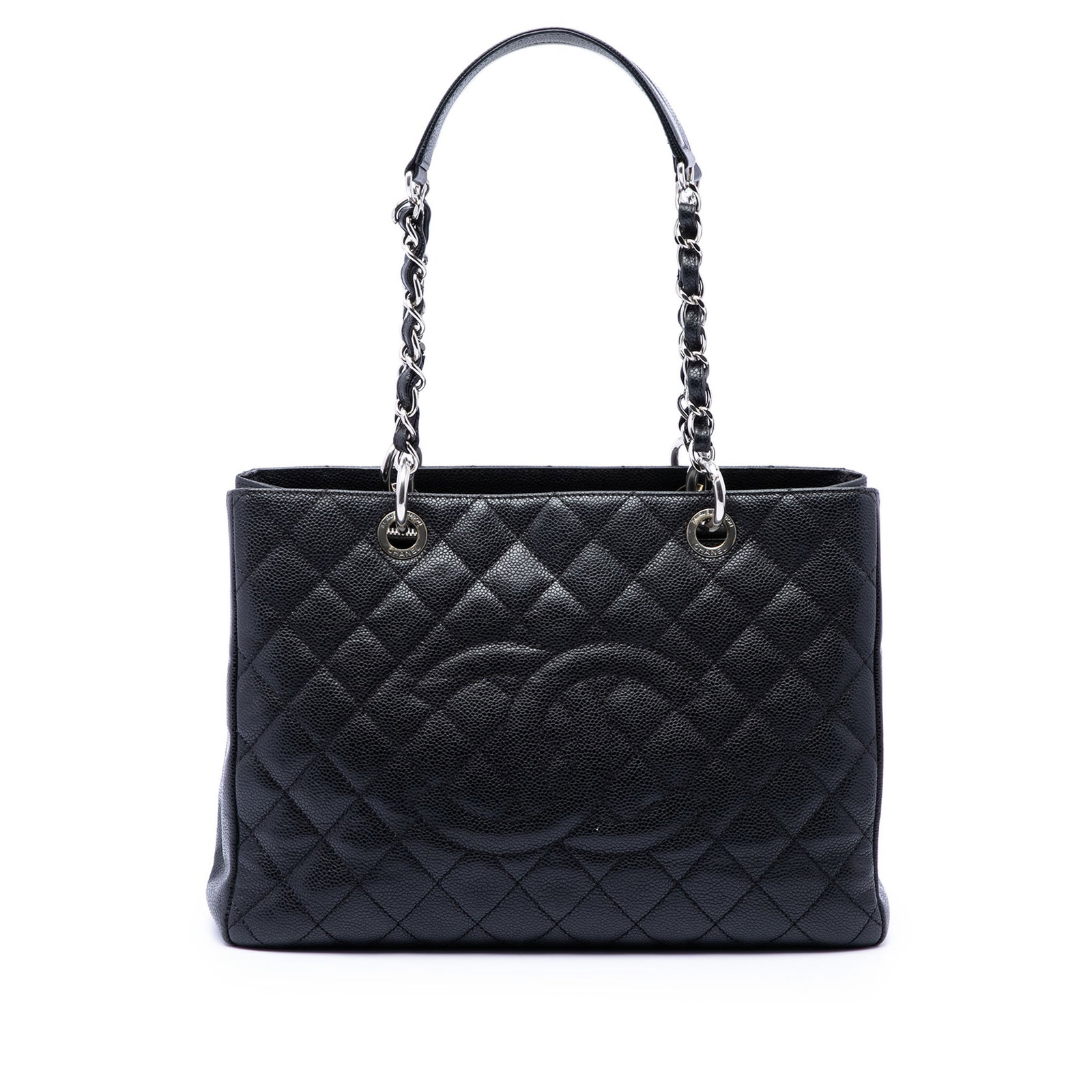 Chanel Grand Shopping Tote Black Caviar Leather Shoulder Bag: Chanel Grand Shopping Tote Black Caviar Leather Shoulder Bag The Chanel Caviar Grand Shopping Tote is a black quilted leather bag made in Italy. It features leather-woven chain link shoulder straps, a
