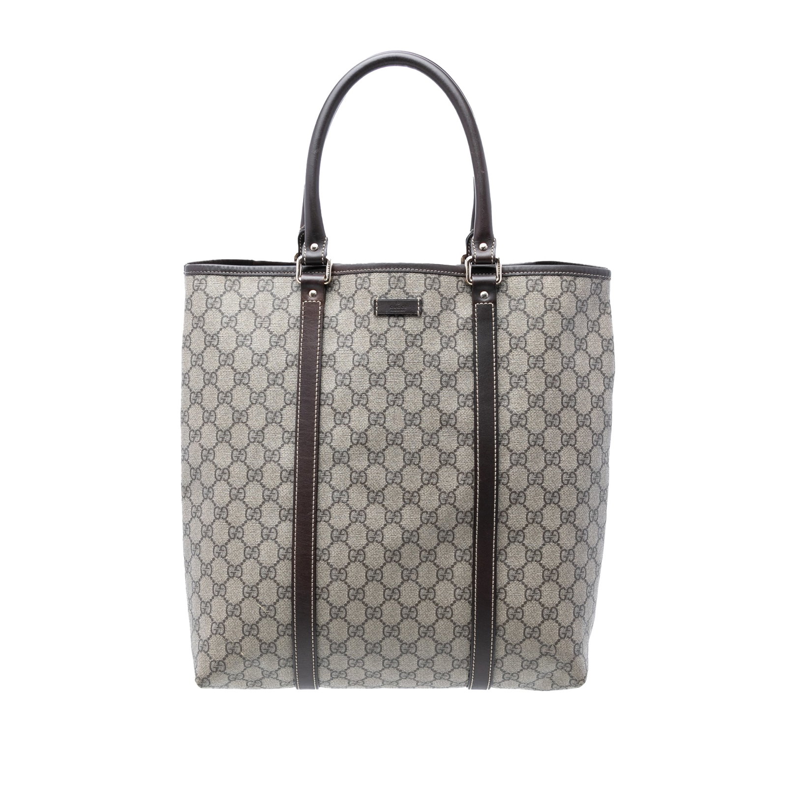 Gucci GG Supreme Joy Vertical Beige Tote Bag: Gucci GG Supreme Joy Vertical Beige Tote Bag This Gucci GG Supreme Joy Vertical Tote features a coated canvas body with leather trim, rolled leather handles, an open top, an interior zip compartment, 