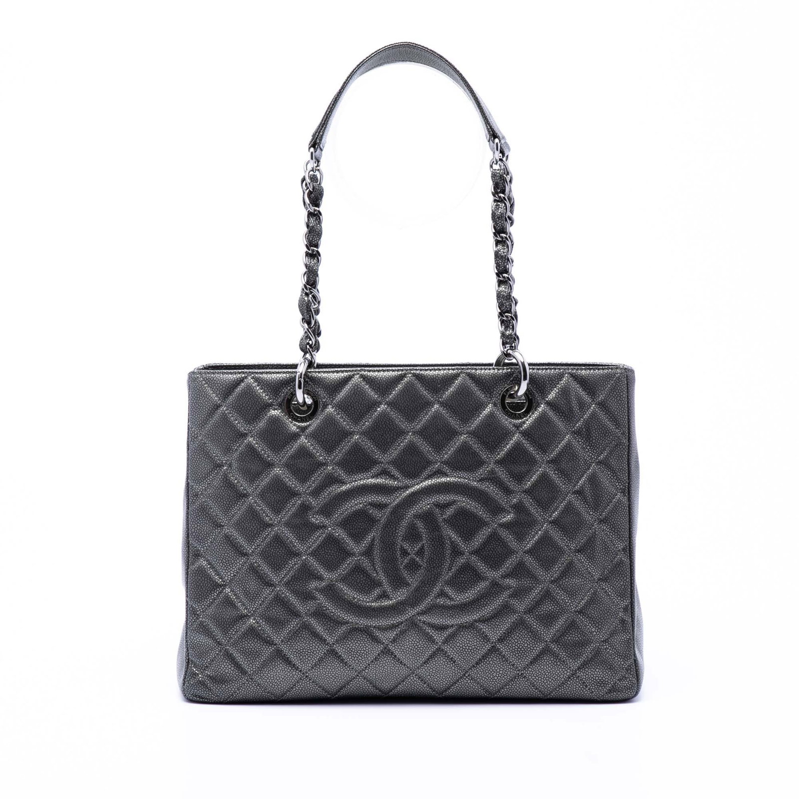 Chanel Metallic Caviar Leather Tote with Chain Straps: Chanel Metallic Caviar Leather Tote with Chain Straps This Chanel Metallic Caviar Grand Shopping Tote is crafted from quilted leather in a striking gray hue and features leather-woven chain shoulder s