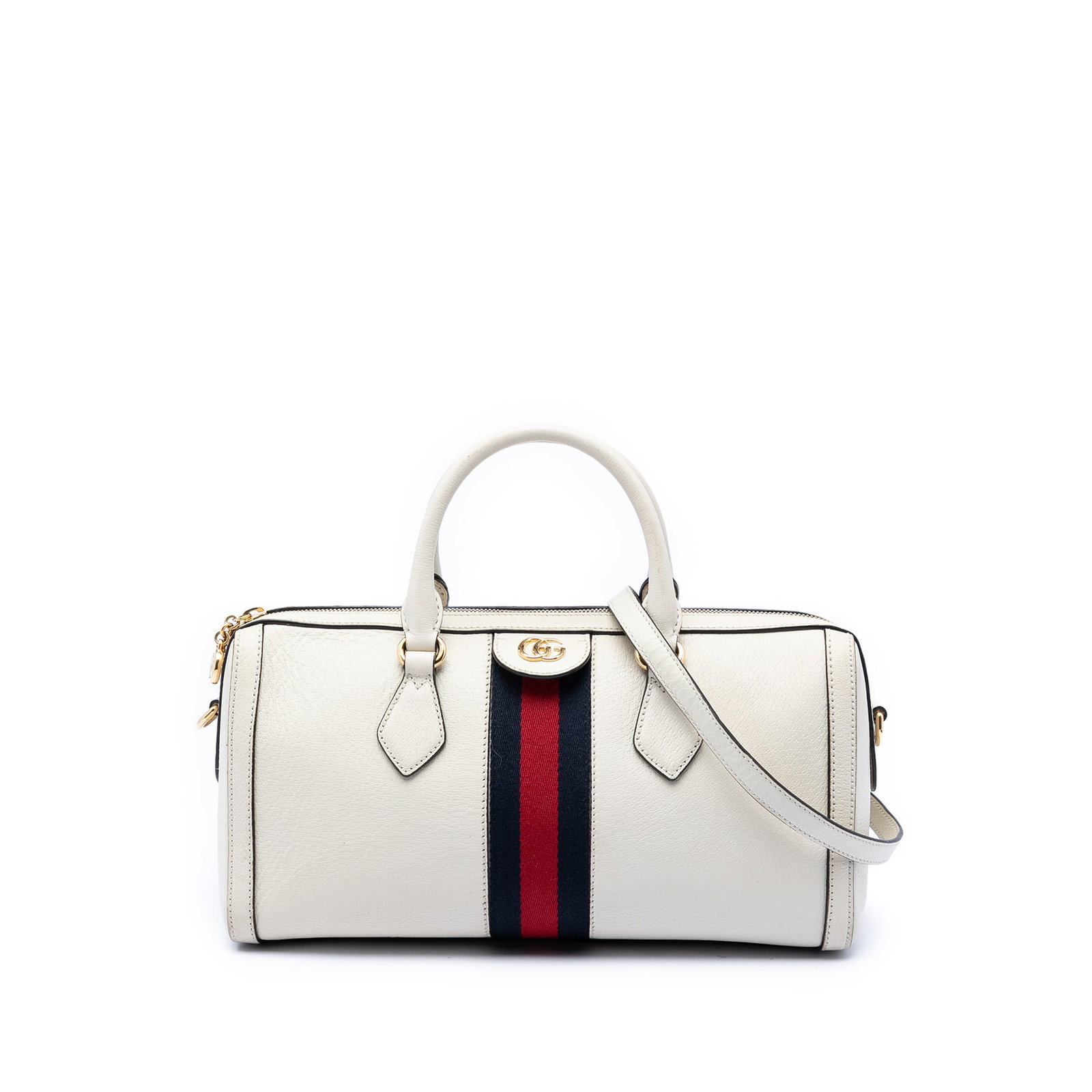 Gucci Ophidia Medium Calfskin Top Handle Satchel: Gucci Ophidia Medium Calfskin Top Handle Satchel This Gucci Medium Calfskin Web Ophidia Top Handle Bag features a leather body with signature web canvas detailing, rolled leather handles, and a detach