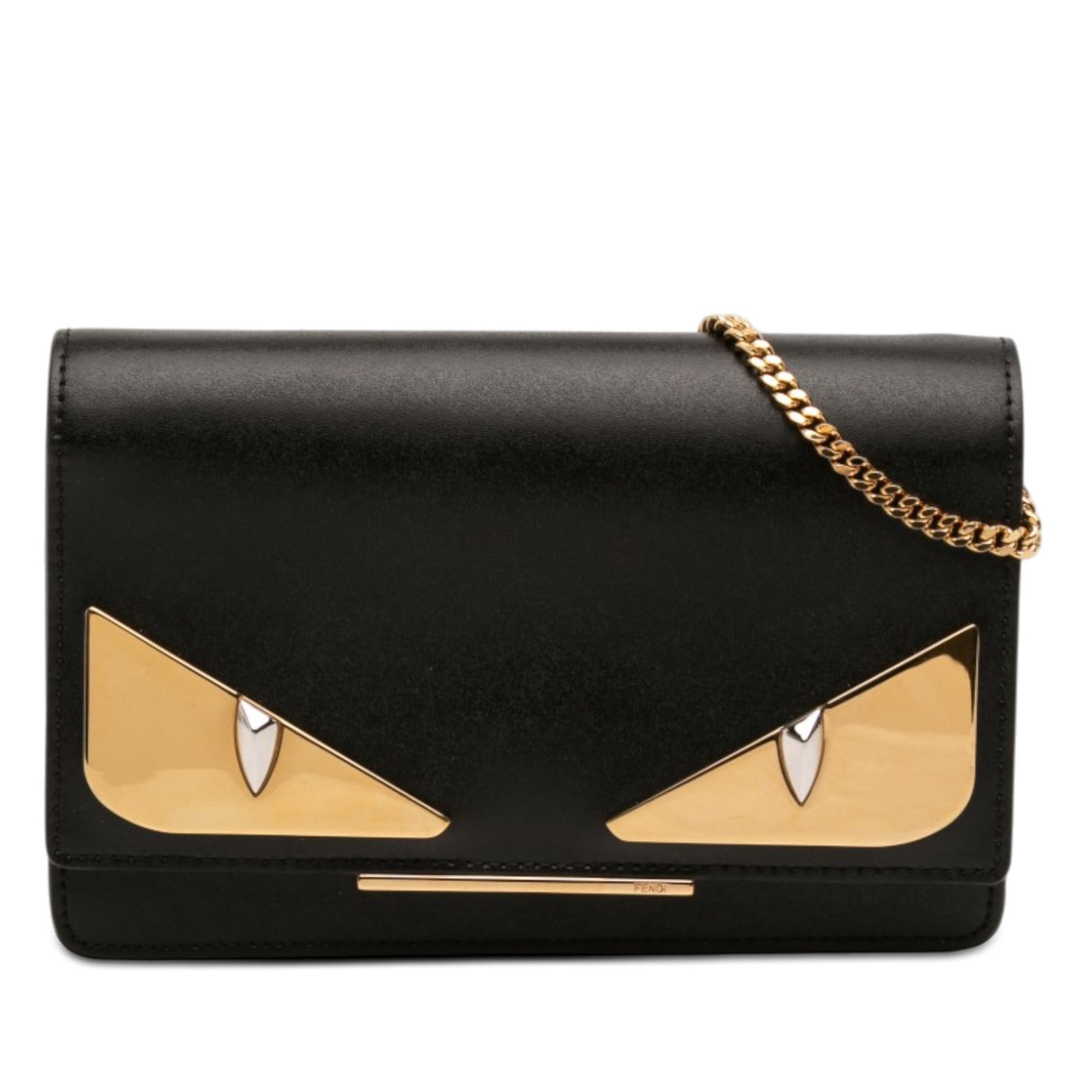 Fendi Eye Monster Tube Leather Wallet on Chain Black: Fendi Eye Monster Tube Leather Wallet on Chain Black Fendi Leather Eye Monster Tube Wallet On Chain in black leather with a front flap and magnetic snap closure. The interior includes zip and slip com