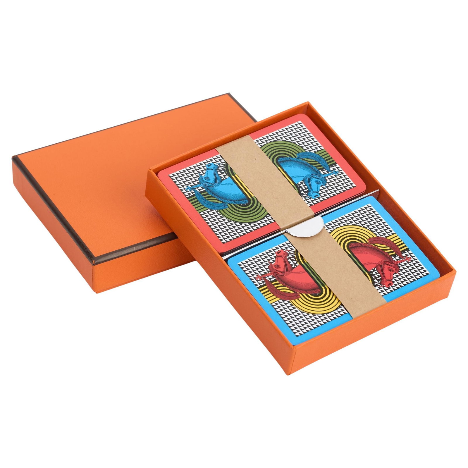 Hermes Equestre Bridge Playing Cards Set of Two Decks in Box: Hermes Equestre Bridge Playing Cards Set of Two Decks in Box Hermes Equestre Playing Cards Set includes two decks of bridge playing cards, each featuring 54 cards with silver edges and multicolor prin