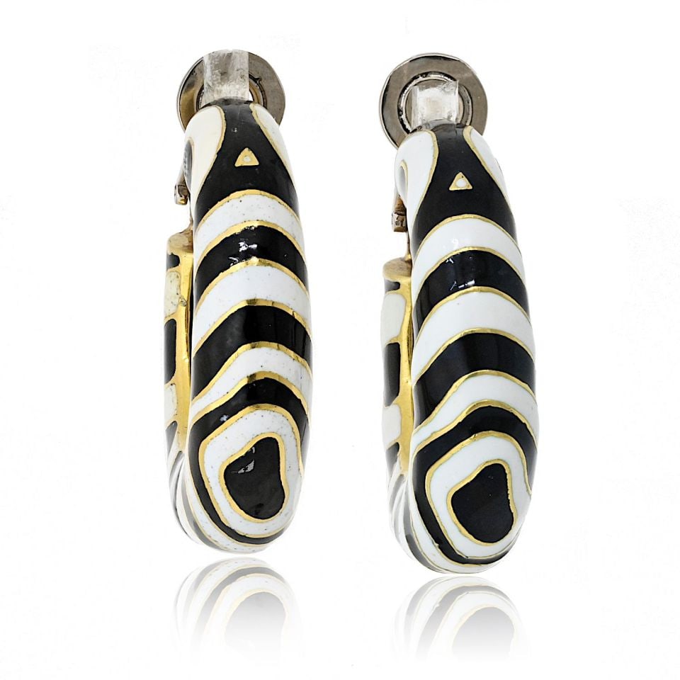 David Webb Zebra Hoop Earrings Platinum 18K Yellow Gold: David Webb Zebra Hoop Earrings Platinum 18K Yellow Gold These David Webb Platinum & 18K Yellow Gold Zebra Hoop Earrings are a striking blend of artistry and bold design. Crafted from a dynamic combina