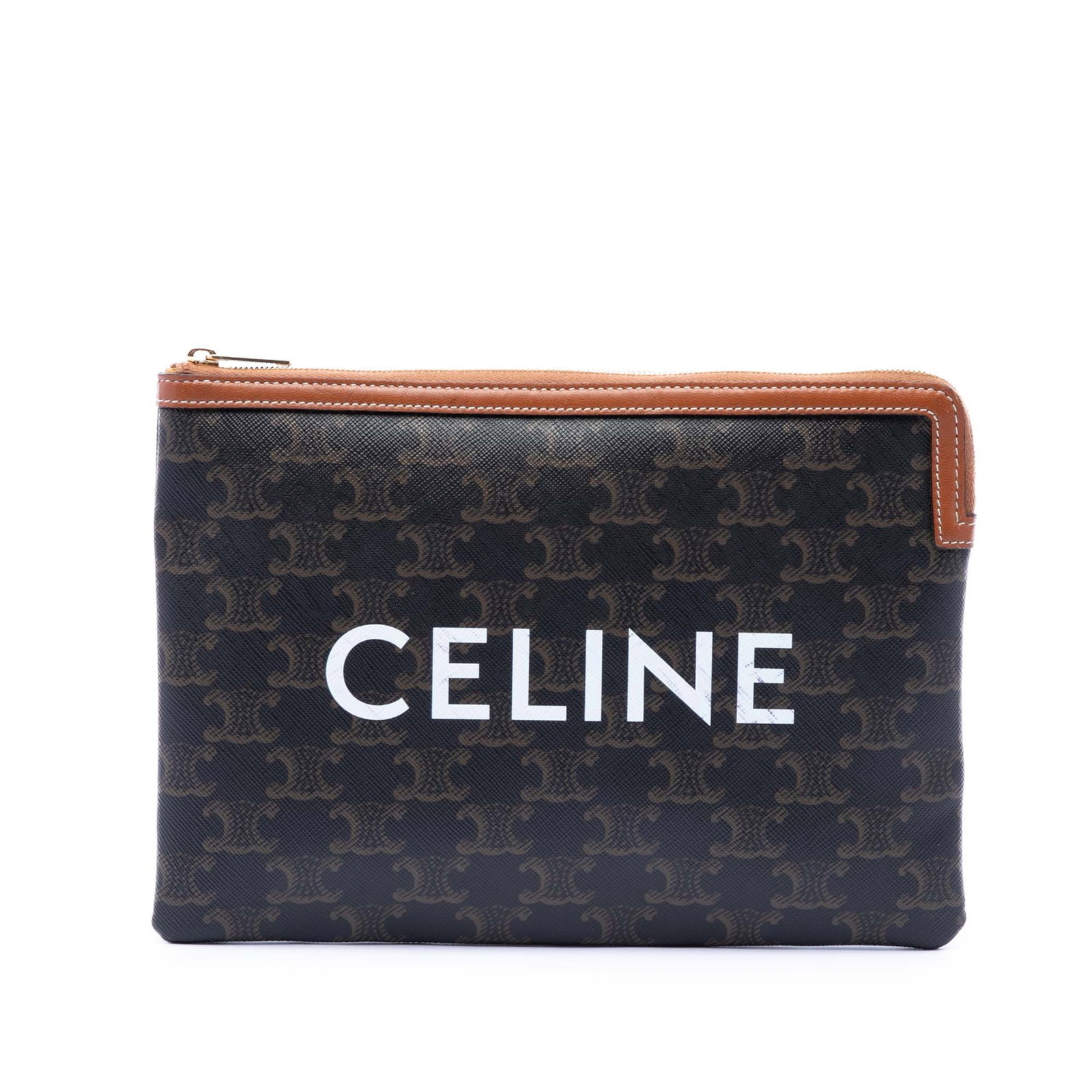 Celine Brown Coated Canvas Zip Clutch with Leather Trim (1 of 6)