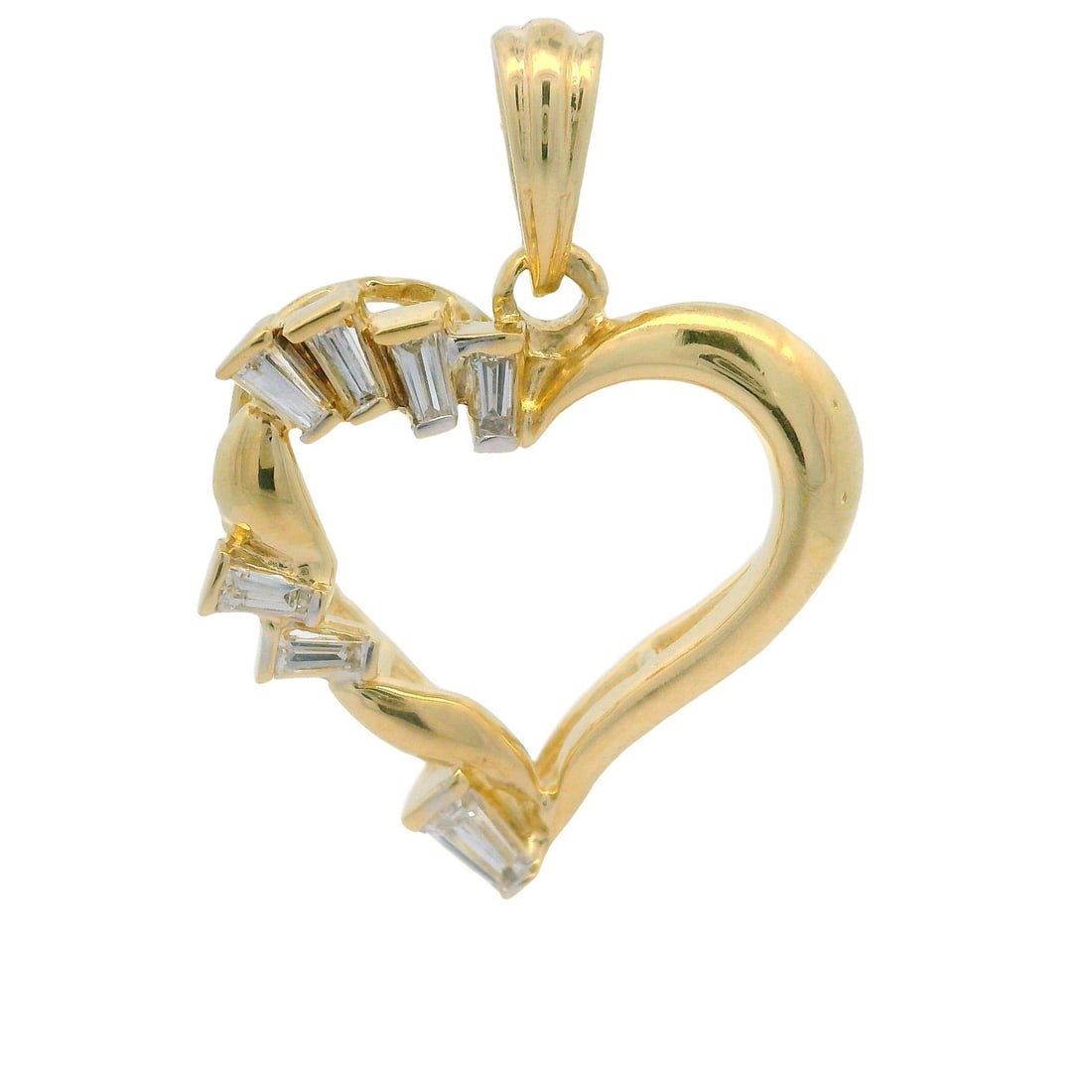 14k Yellow Gold Open Heart Charm Pendant with 0.35ctw Baguette Diamonds: 14k Yellow Gold Open Heart Charm Pendant with 0.35ctw Baguette Diamonds This stunning charm pendant features a unique open heart design crafted from solid 14k yellow gold. It showcases seven natural g