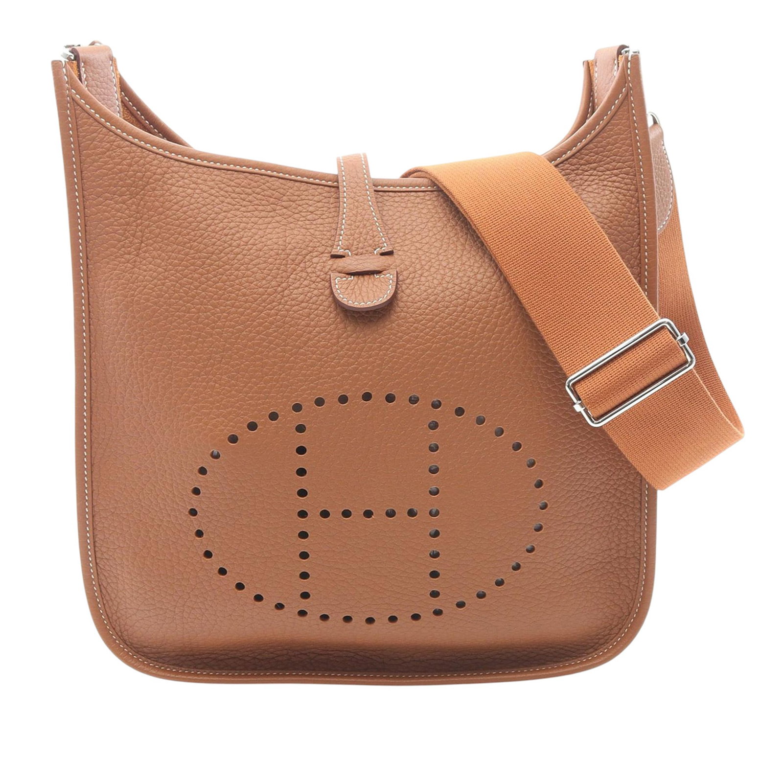 Hermes Evelyne III 29 Clemence Leather Gold Crossbody Bag: Hermes Evelyne III 29 Clemence Leather Gold Crossbody Bag The Hermes Clemence Evelyne III 29 is crafted from Clemence leather in a gold-toned brown color. This bag features an adjustable flat canvas s