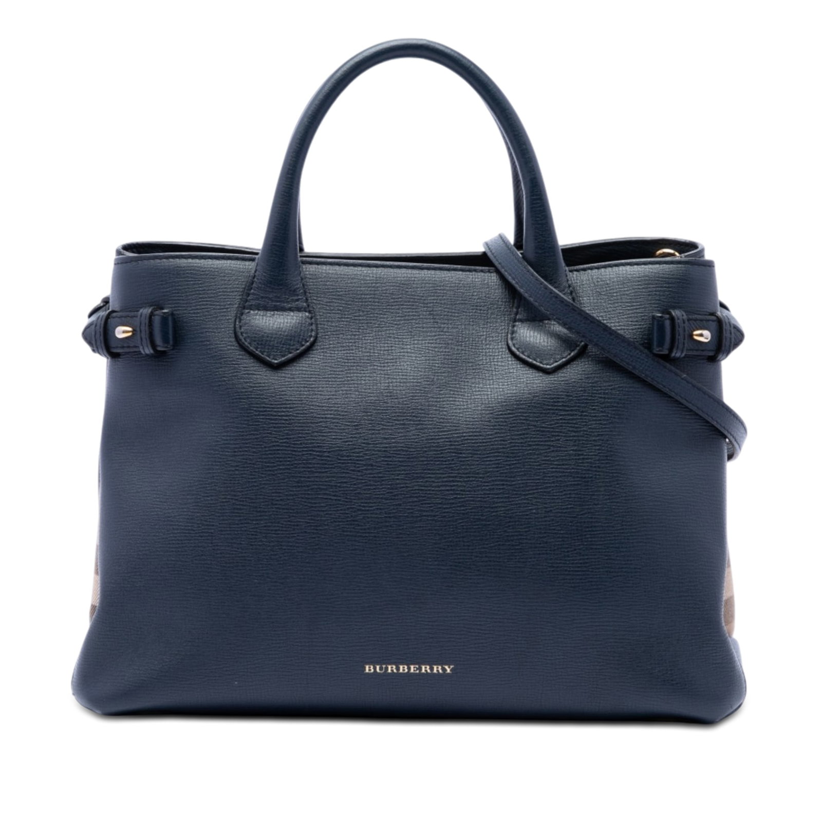 Burberry Banner Satchel Medium Blue Leather House Check Bag: Burberry Banner Satchel Medium Blue Leather House Check Bag Burberry Medium Leather and House Check Banner Satchel in blue, made in Italy. This bag features a leather body, rolled leather handles, a d
