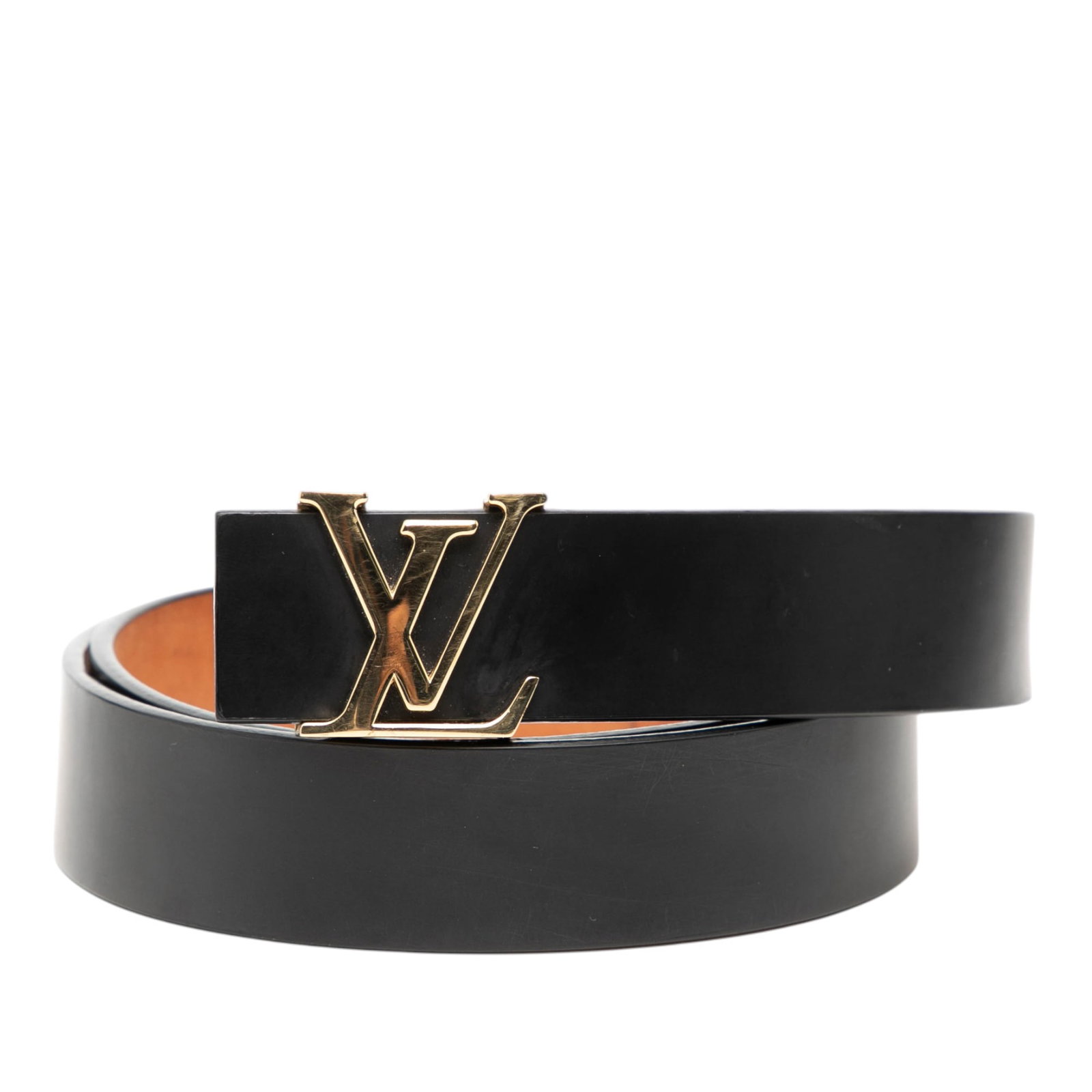 Black Leather Initiales Belt by Louis Vuitton with Peg Closure: Black Leather Initiales Belt by Louis Vuitton with Peg Closure This Louis Vuitton belt features a leather body in black with a peg-in-hole closure. The belt is made in Spain and displays signs of use,