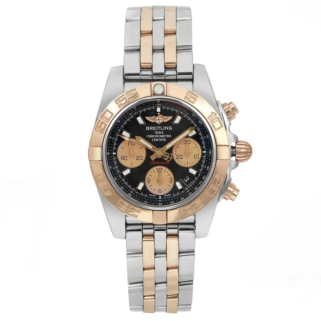 Breitling Chronomat 41 Luxury Watch 18K Rose Gold Steel Black Dial CB014012/BA53-378C: Breitling Chronomat 41 Luxury Watch 18K Rose Gold Steel Black Dial CB014012/BA53-378C This exquisite Breitling Chronomat 41 wristwatch features a striking black dial, elegantly complemented by an 18K 